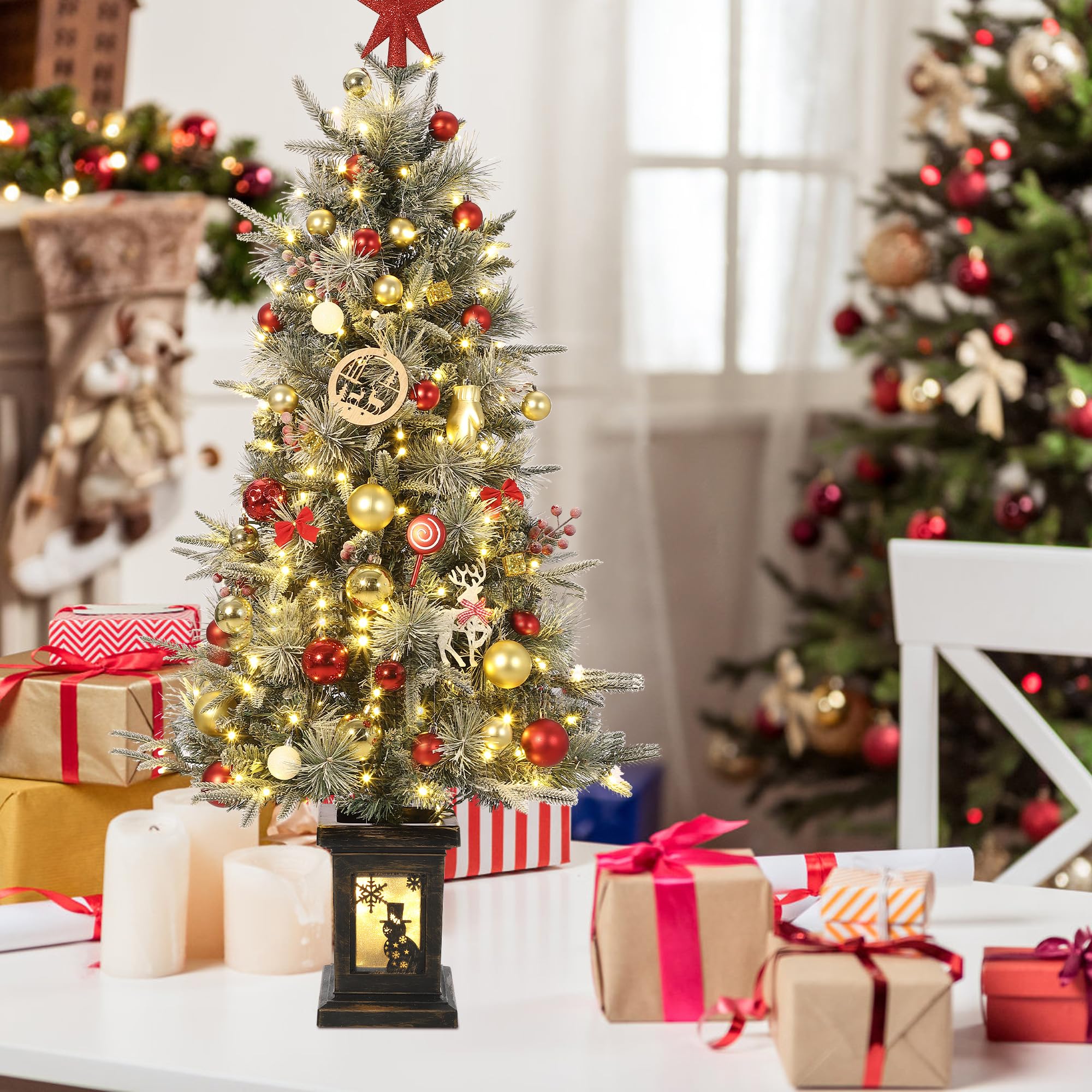 GarveeTech Schneebeflockter künstlicher Weihnachtsbaum 125 cm mit LED - 150 LEDs warmweiß/mehrfarbig, 8 Modi, PVC-Zweige - EU-Stecker, Schneemann-Lichtbox - 4ftH Frost Tree, Dual Color 8 Modes, 150LED