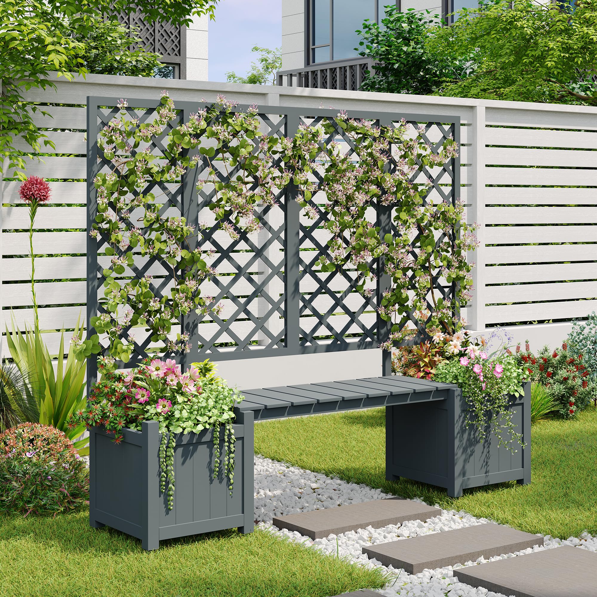 Gegtuon Blumenkasten Pflanzkasten mit Rankgitter und Sitz per Garten Balkon, Pflanzkübel aus Holz mit Spalier per Terrasse, Pflanzgefäß Hochbeet Outdoor als Sichtschutz per Hof, 169x145x42 cm, Grau