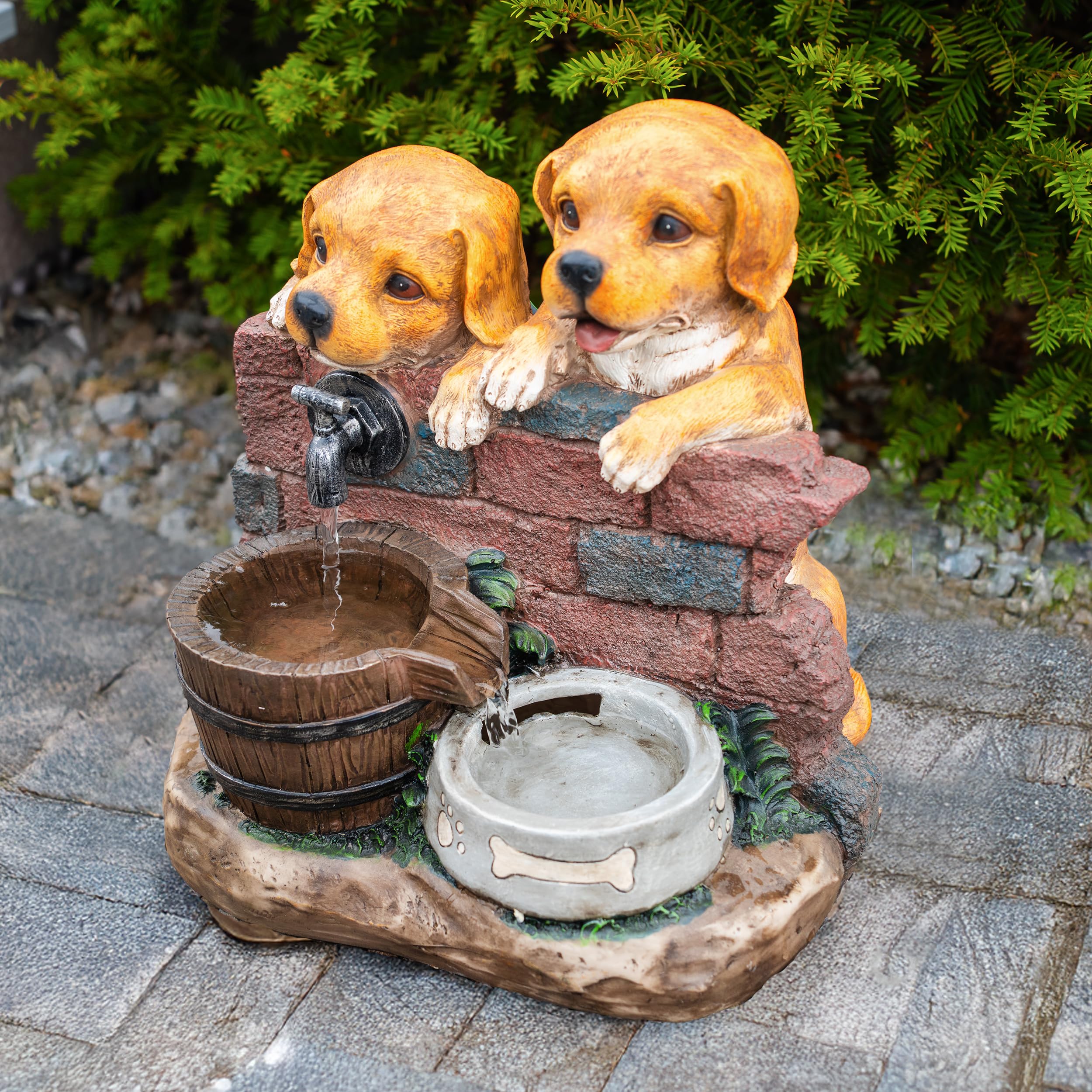 esotec Solarbrunnen Hundewelpen Milo & Buddy, Komplettset, Solarmodul, Akku, 3m Kabel, Erdspieß und Wandhalterung, Springbrunnen Wasserbrunnen Outdoor 101335