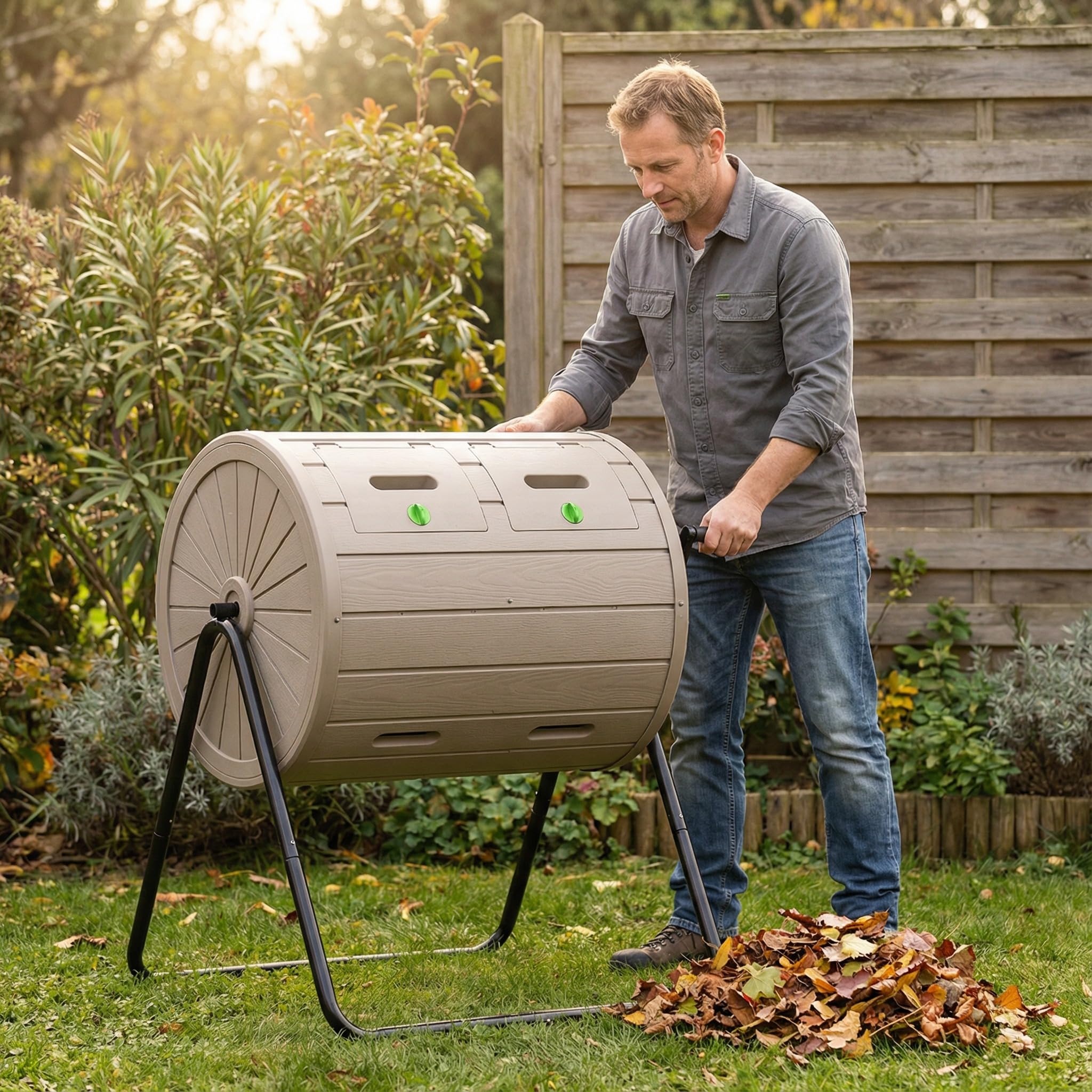 GOPLUS Composteur de Jardin Rotatif à 360° Exterieur, Bac à Compost en PP à Double Chambre 142L, 2 Portes Verrouillables et Support Métallique, 2 Pales Mélangeuses pour Compostage Rapide, Terrasse
