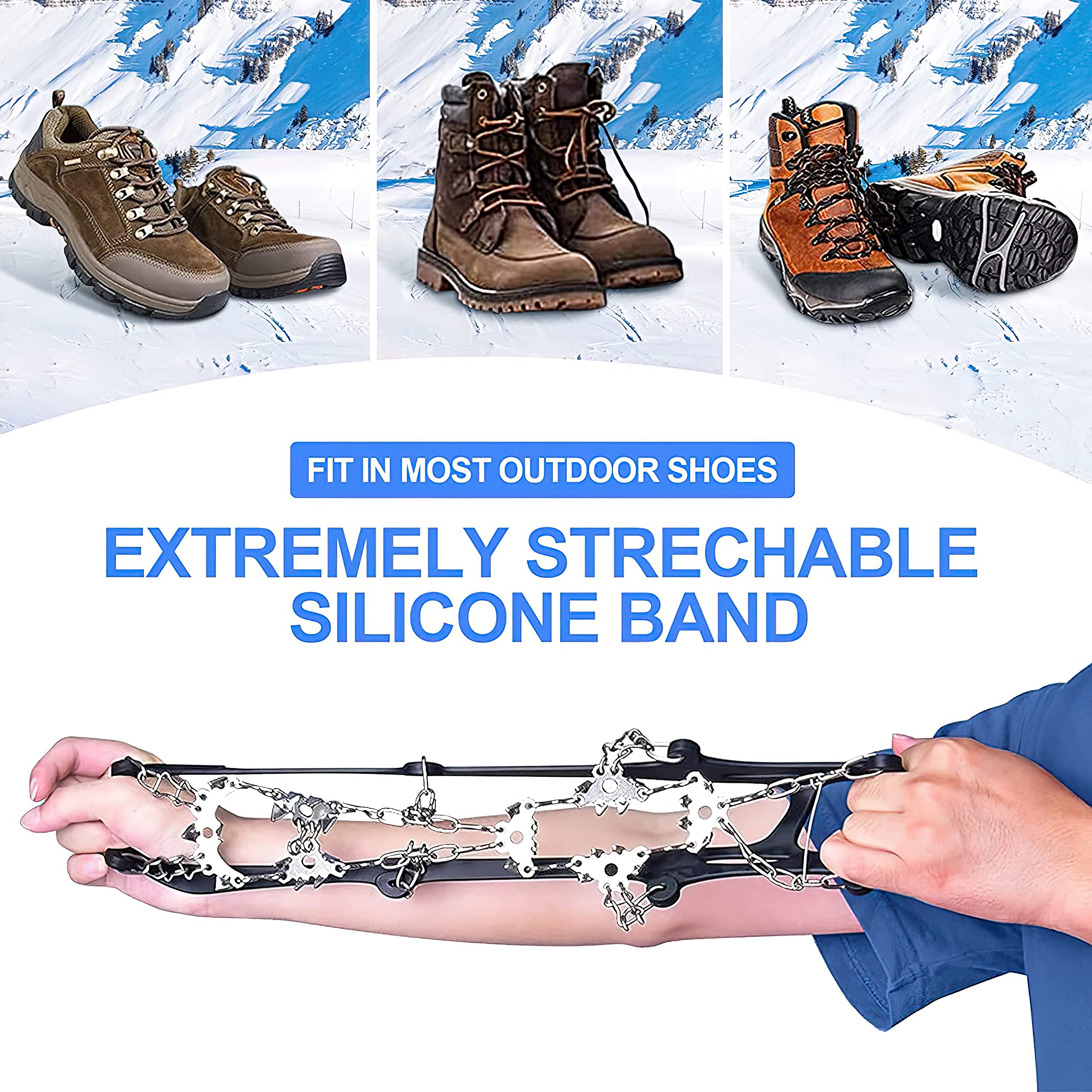 24 ramponi tacchetti da ghiaccio trazione neve grip catene per stivali donne uomini bambini per scarpe da trekking e stivali in acciaio antiscivolo escursionismo pesca passeggiate alpinismo
