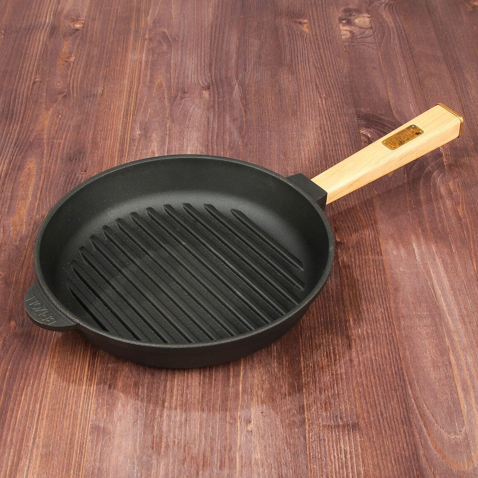 4BIG.fun Bistecchiera in ghisa, diametro 24 cm, con coperchio in vetro, padella a induzione, manico in legno, adatta per barbecue a gas, forno, focolare, tutti i piani cottura, compresi quelli a