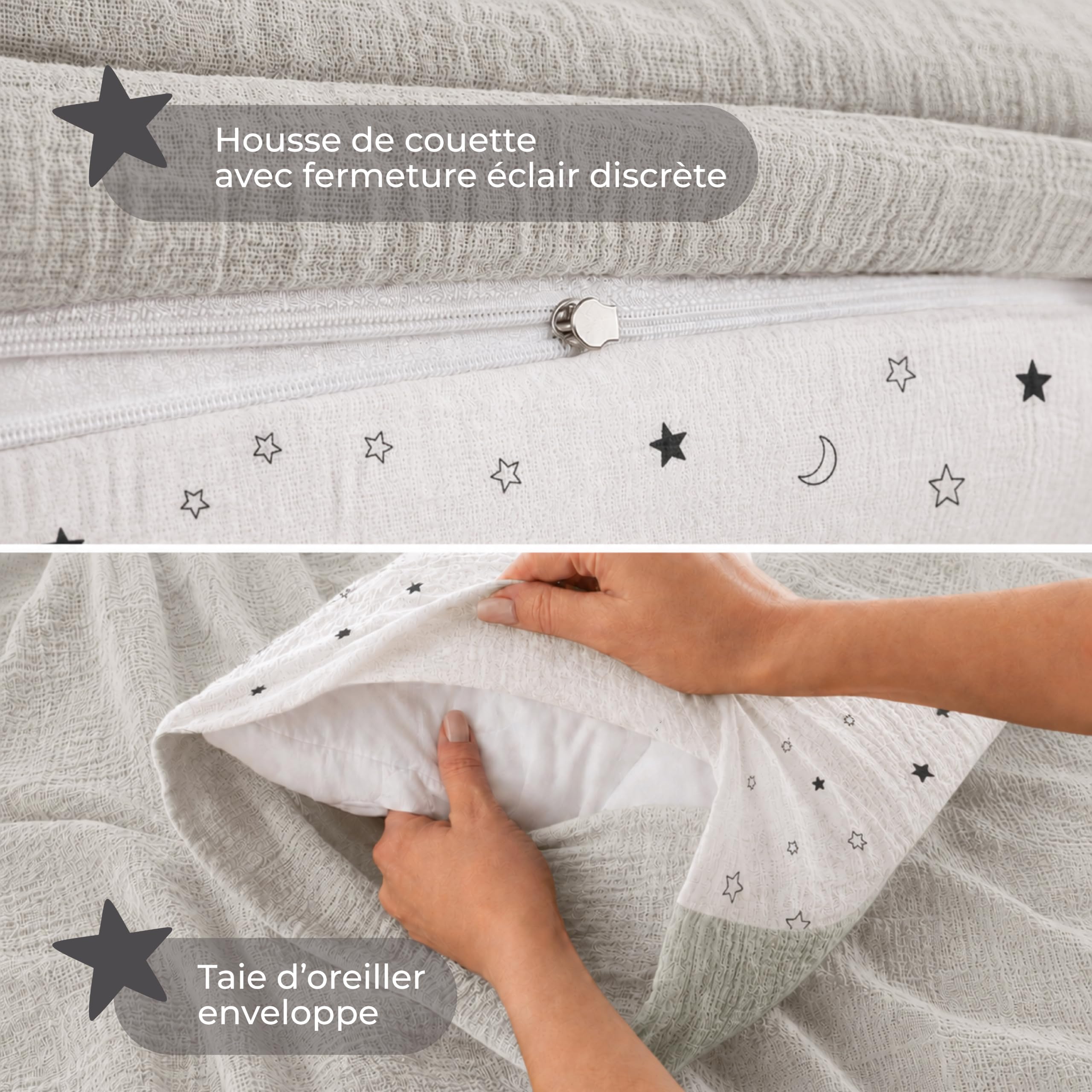 Dreamzie Parure de Lit Mousseline 135x200 Enfant 100% Coton Gris Clair