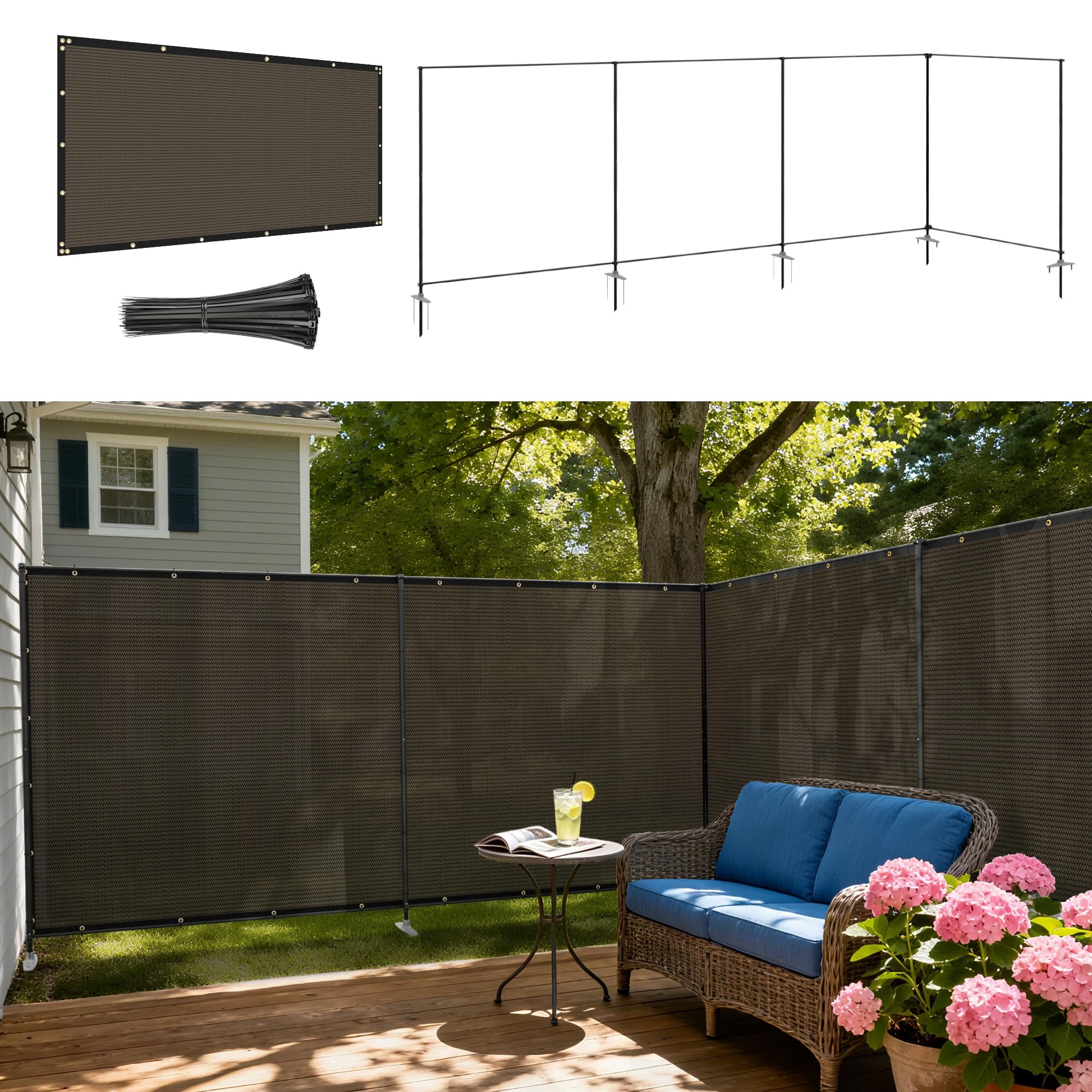 Photo 1 of Windscreen4less Outdoor Privacy Fence Screen, 6'x24' Freestanding Privacy Fencing Set with Iron Poles and Ground Spikes, UV Resistant Mesh Cover Garden Pet Fencing for Backyard Patio Pool, Brown