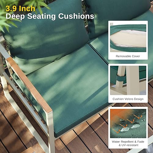 Miniatura 3 de EAST OAK Juego de muebles de patio, juego de 4 piezas para patio al aire libre con sofá, cojín de asiento extraíble y lavable, mesa de vidrio