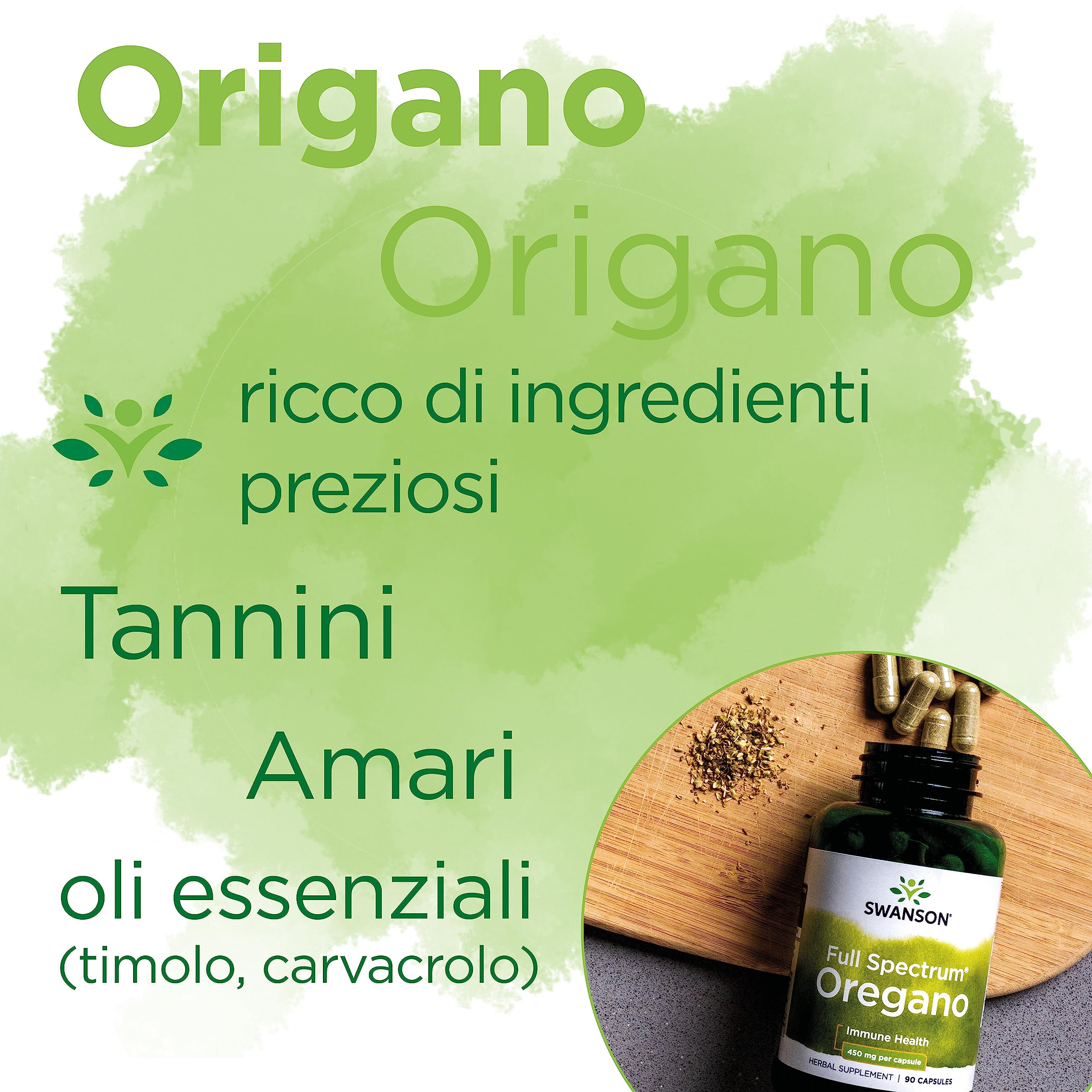 Swanson Full Spectrum Oregano (Origano), Origanum vulgare, 450mg, 90 capsule, altamente dosato, Testato in Laboratorio, Senza Soia, Senza Glutine, Non OGM