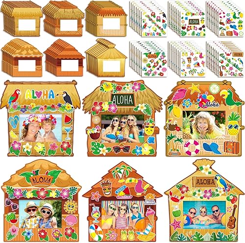 Kigley Paquete de 24 marcos de fotos hawaianos para manualidades con calcomanías, marco de fotos de verano Luau a granel, kit de manualidades Aloha