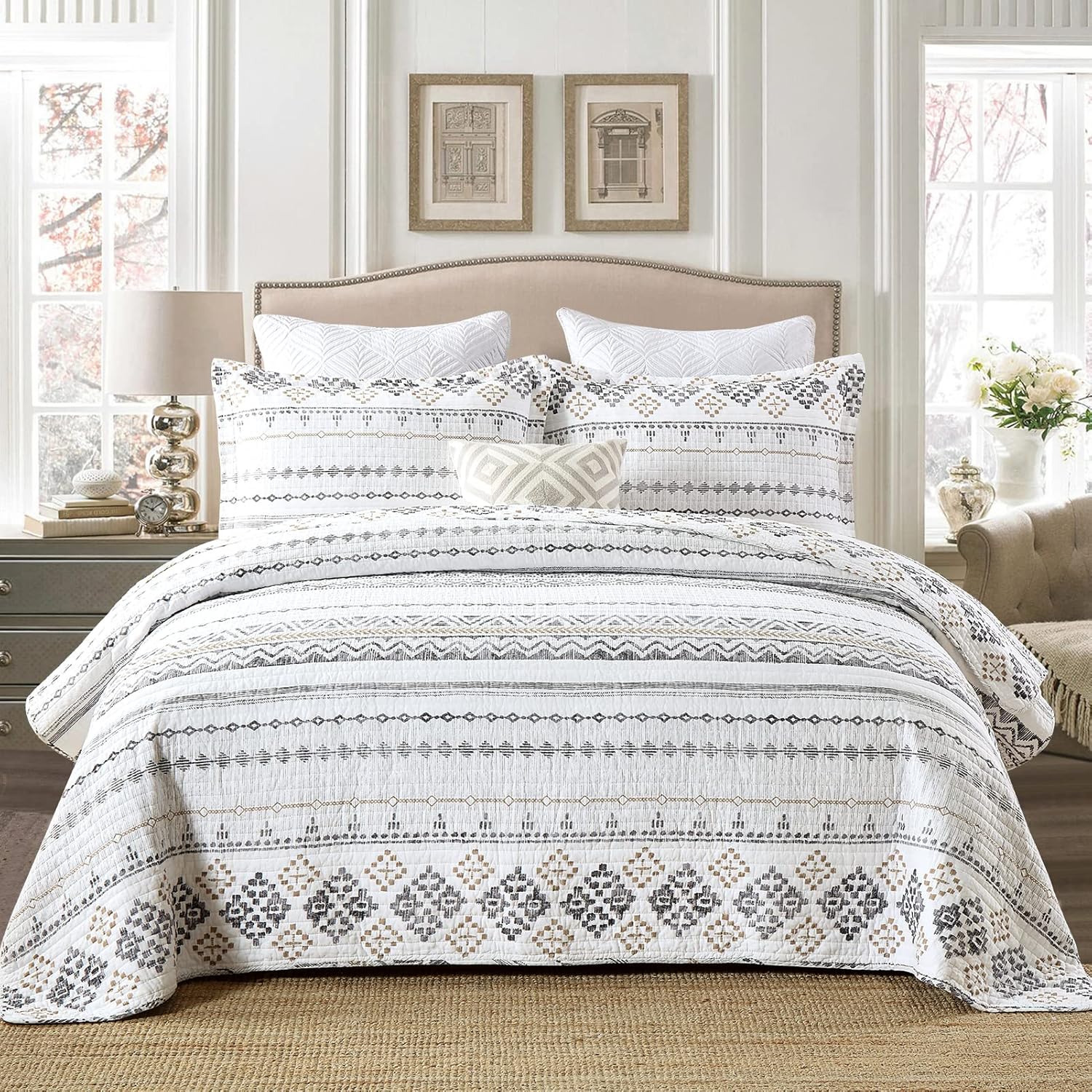 Quilts Queen Size, Queen Quilt Bedding Set Bedspread, 100% Cotton Patchwork Quilt for Queen Bed, 3 Pieces Plaid Farmhouse Reversible Lightweight Comforter Bed Spread, Grey/Tan/Black