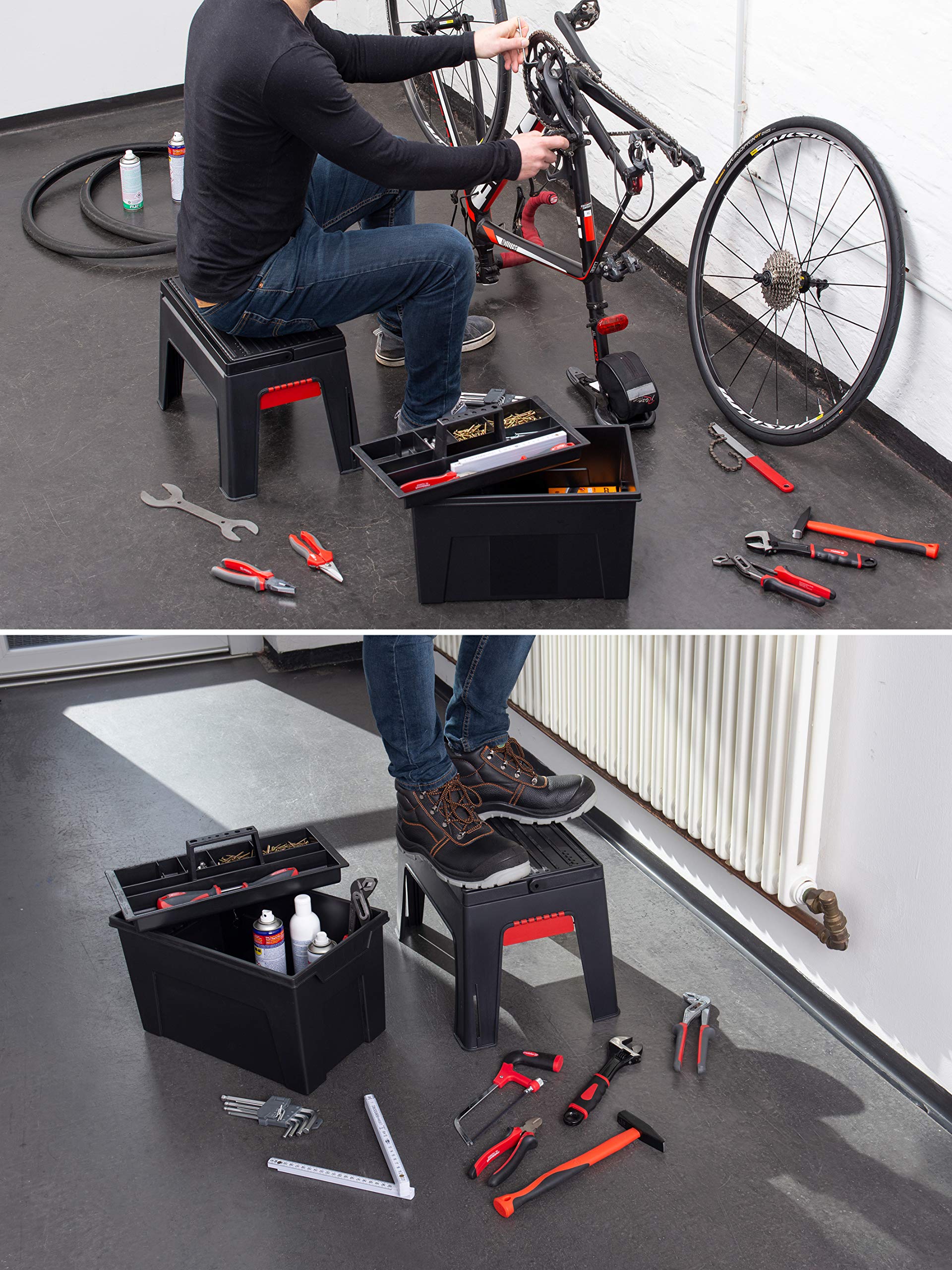 Meister Taburete 3 en 1 – 460 x 280 x 300 mm – con caja de herramientas y bandeja para herramientas – Capacidad de carga de 150 kg – De polipropileno estable/Caja de herramientas/Caja de
