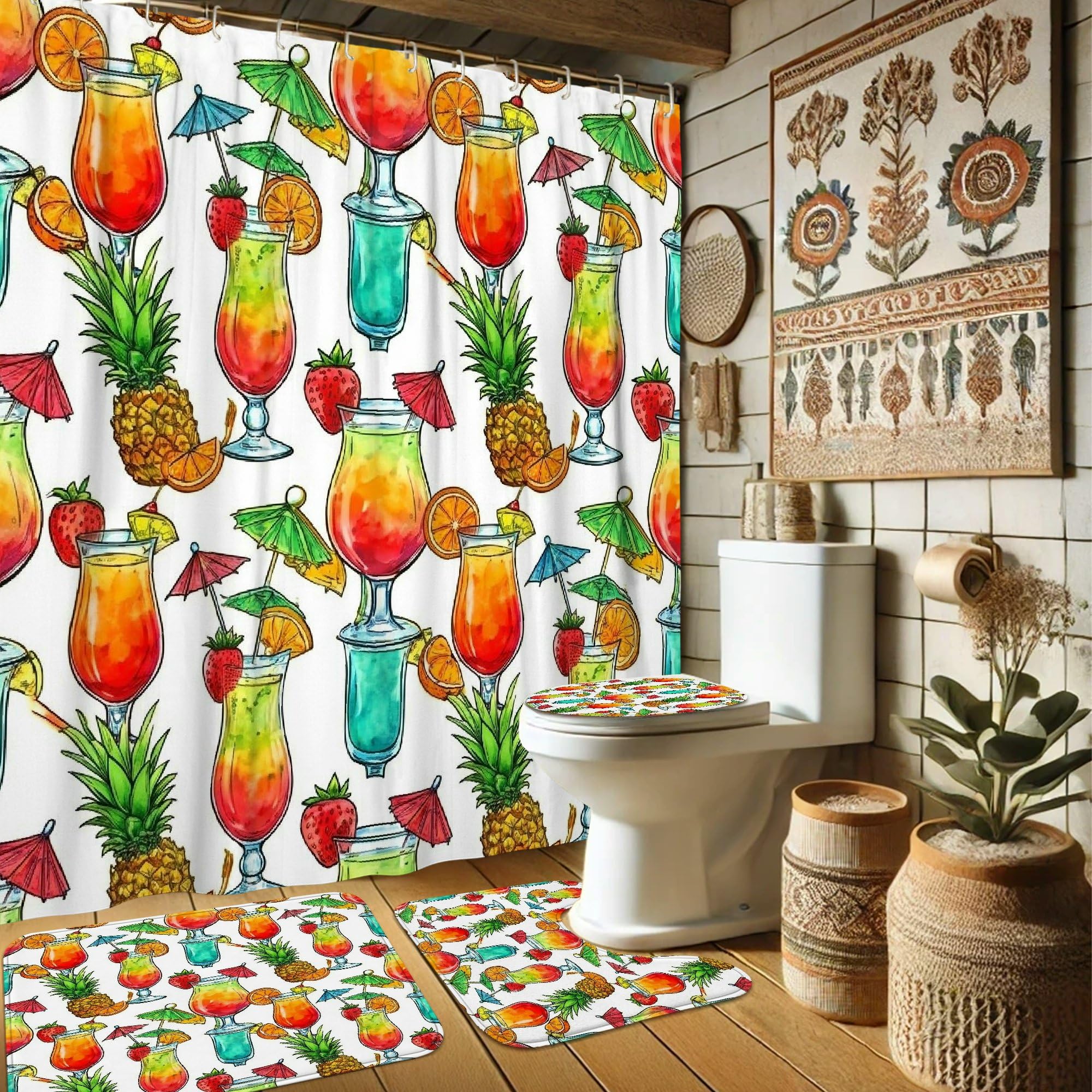 Rideau de douche cocktail tropical 183x183 avec tapis de bain ananas pour déco salle de bain d'amis
