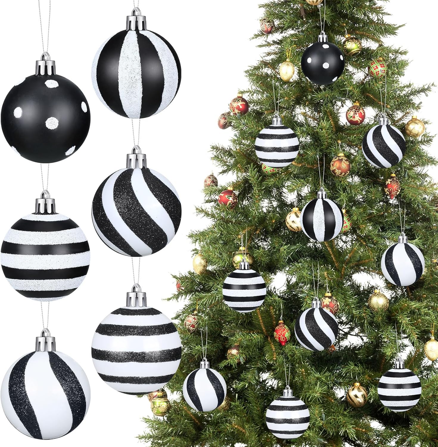 riceshoot 24 pcs christmas black and white ball ornaments xmas plastic stripe dot hanging ball for christmas tree party decoration supplies(2.36 inch) 24 classic style 2.36 inch