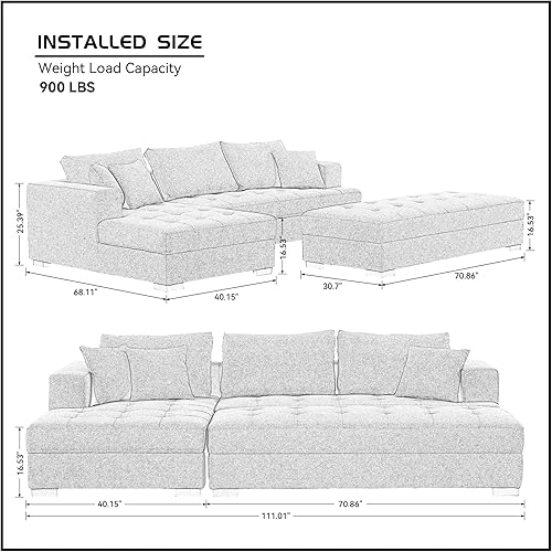 Miniatura 3 de Moderno sofá tapizado en forma de L, sofá seccional de gran tamaño con otomana móvil, gris