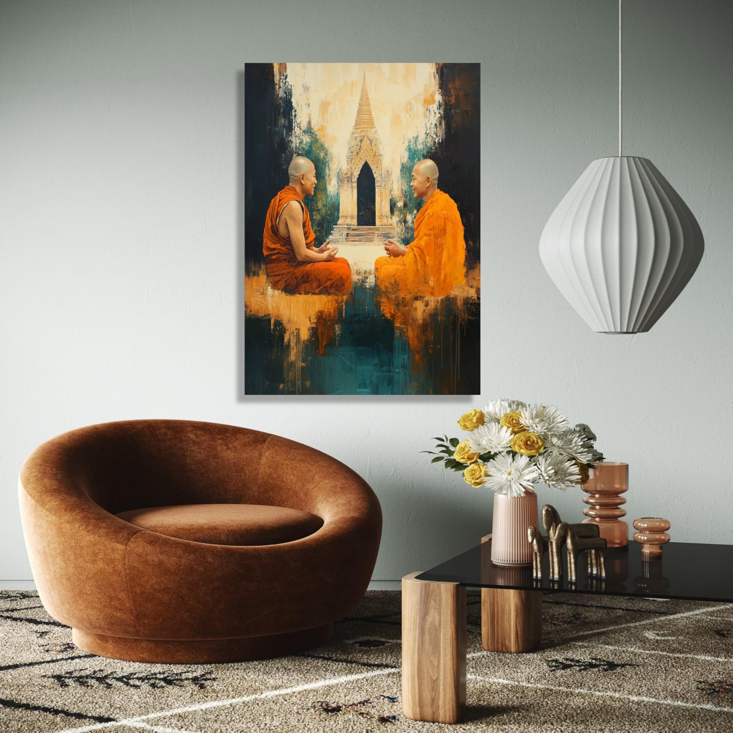YUSUZHU Tela con due monaci buddisti in meditazione, arte murale del tempio, dipinto di arredamento spirituale per la casa, arte con vesti arancioni, stampe (60x80 cm/cornice interna)