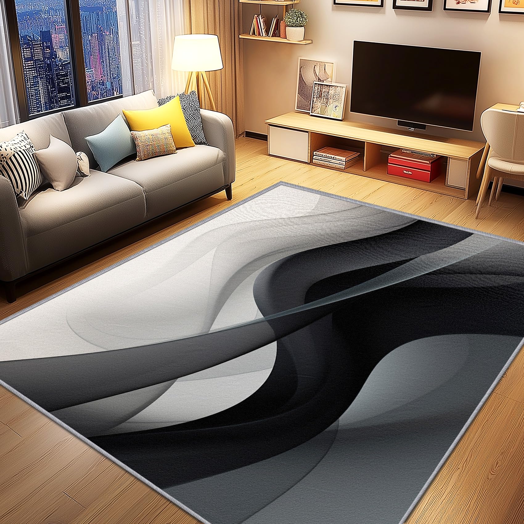 Wellen Deko, Moderne Wellen Gestreift Teppich 120x160 Kurzflor, Teppich Wohnzimmer Schwarz Weiß, Weich rutschfest Waschbare Teppiche, Bettvorleger Schlafzimmer Kinderzimmer