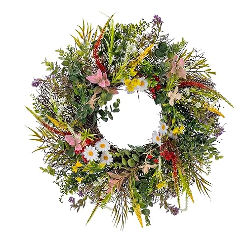 Daisy Wreaths for Front Door Decor, 20" Artificial Chrysanthemum Wildflower