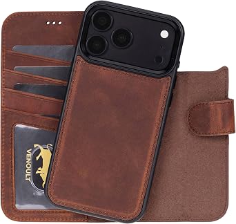 VENOULT Wallet Case for iPhone 17 Pro MAX, Full Grain Genuine Turkish Leather, Magnetic Detachable, RFID 4 Card Slots, Business Style, Compatible with MagSafe, Handmade Vintage