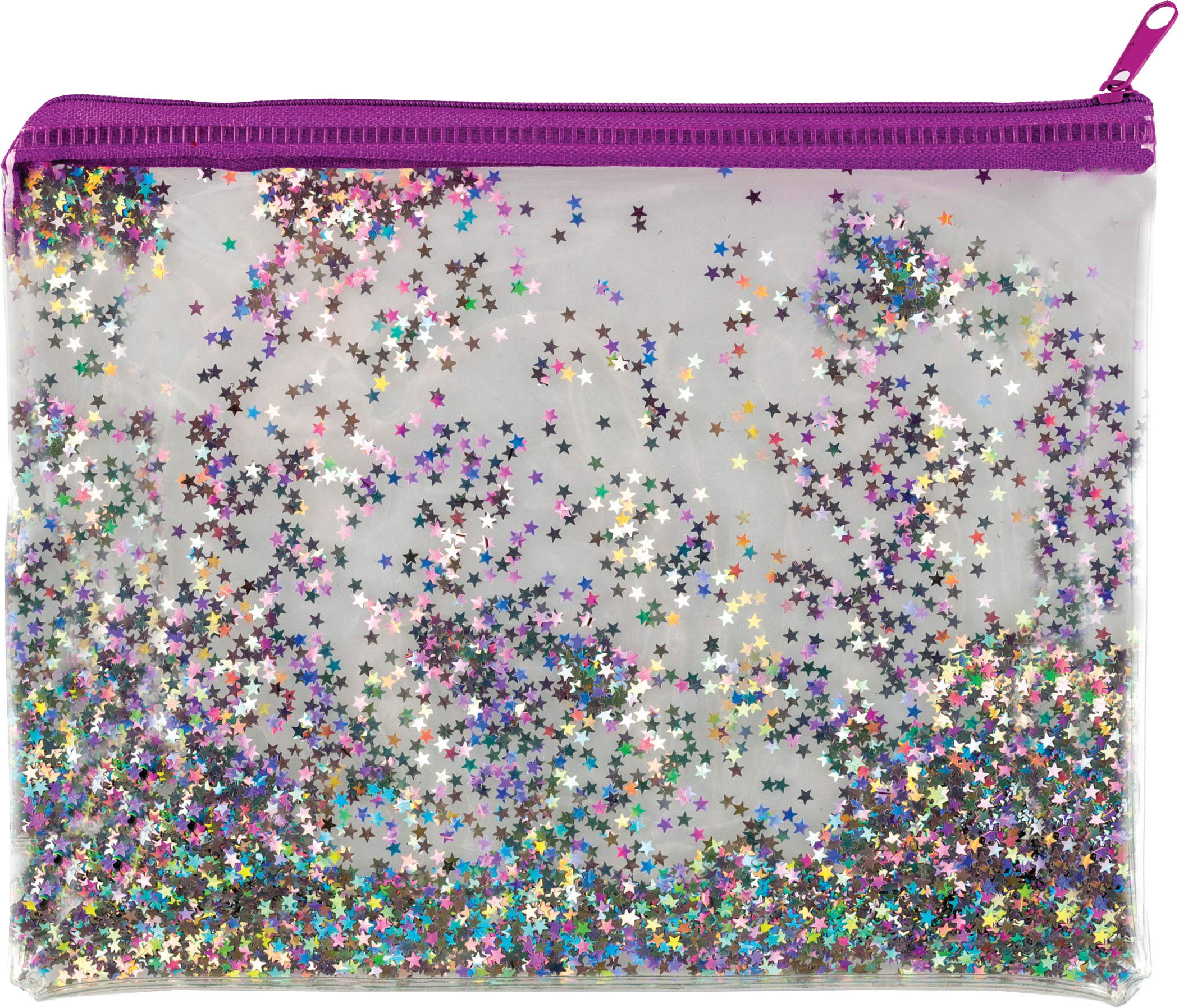JMS® A5 Plus Size Holographic Glitter Foil Quicksand Pencil Case Cosmetic Bag Transparent Portable Pen Case Makeup Brush Storage Bag (A5 Plus Size Purple Stars Pouch)