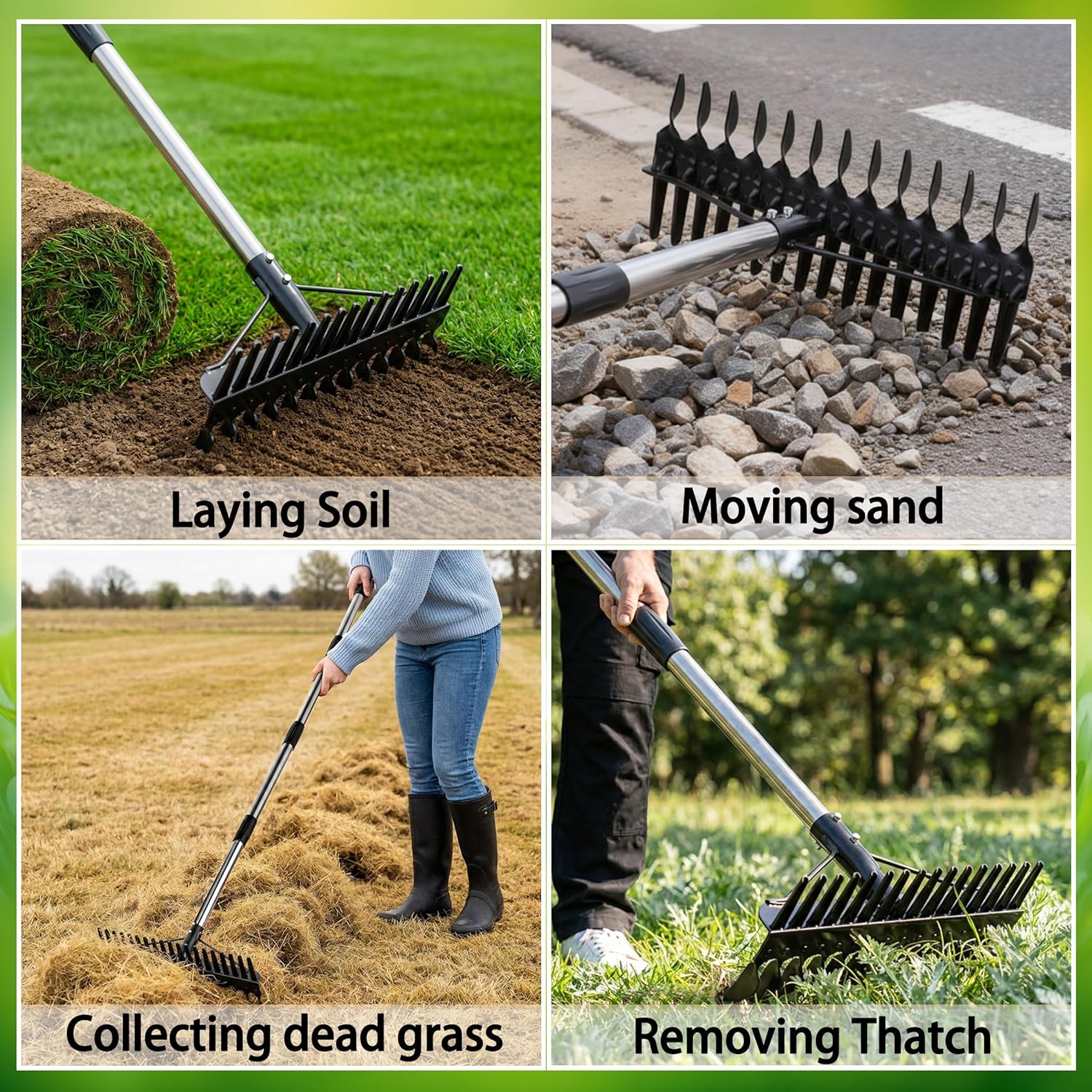Thatch Rake for Lawns 36-63'' Stainless Steel Adjustable Handle for Dethatching & Aeration Heavy Duty Landscape Garden Leaf Dethatcher Rake for Soil Preparation Upgraded Dual-Action Tines