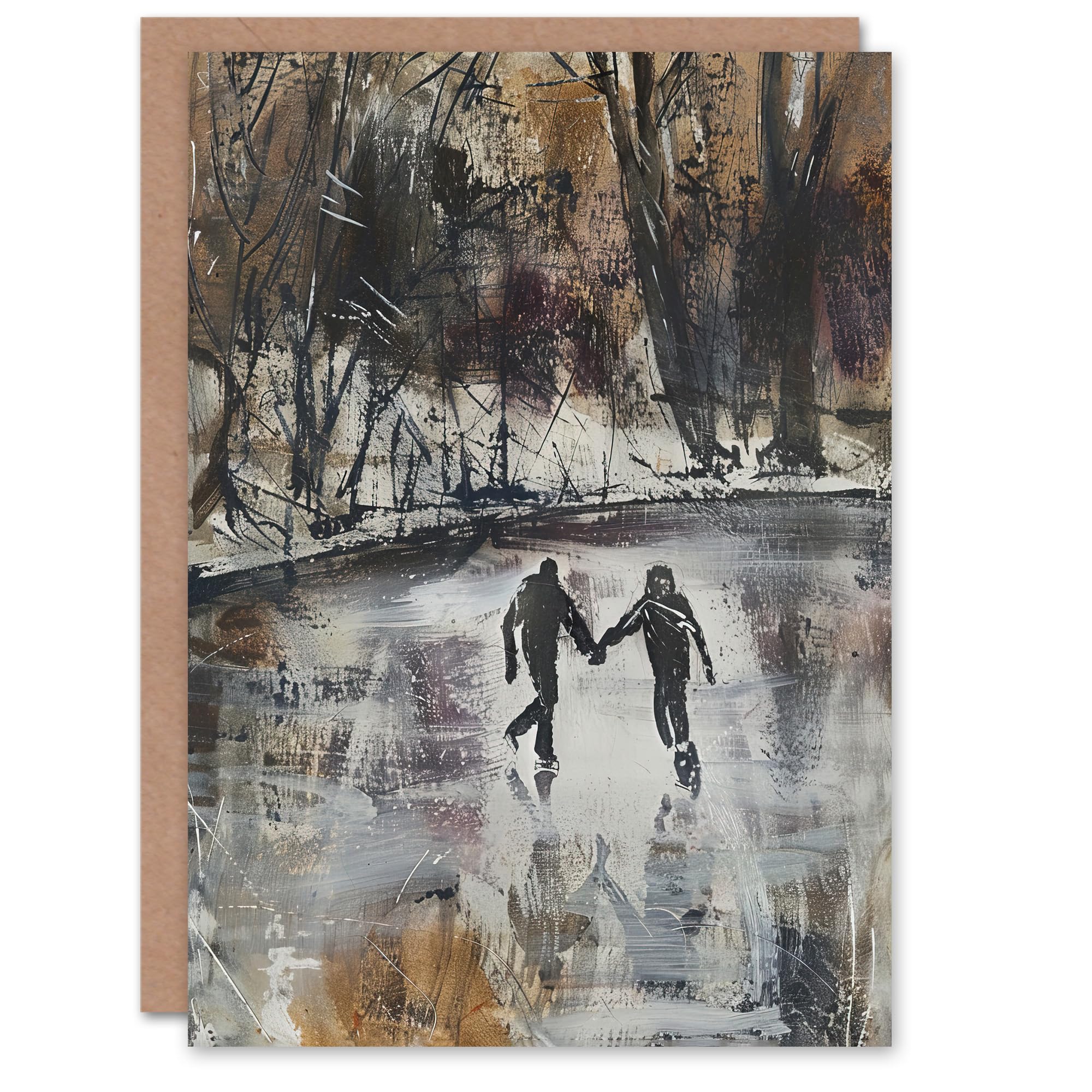 Artery8 Skaters on Frozen Lake Artwork Winter Dark Ice Greeting Birthday Card Him Her All Blank