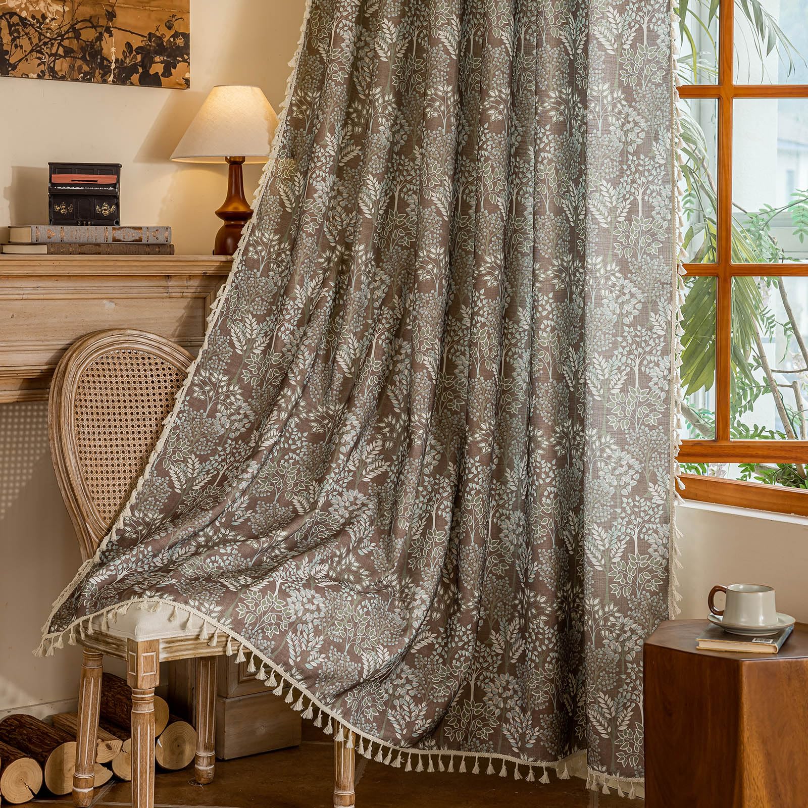 OYX Floral Curtains 84 Inch Length 2Panels for Living Room, Bedroom Light Filtering Drapes, Farmhouse Vintage Country French Tassels for Boho Pattern