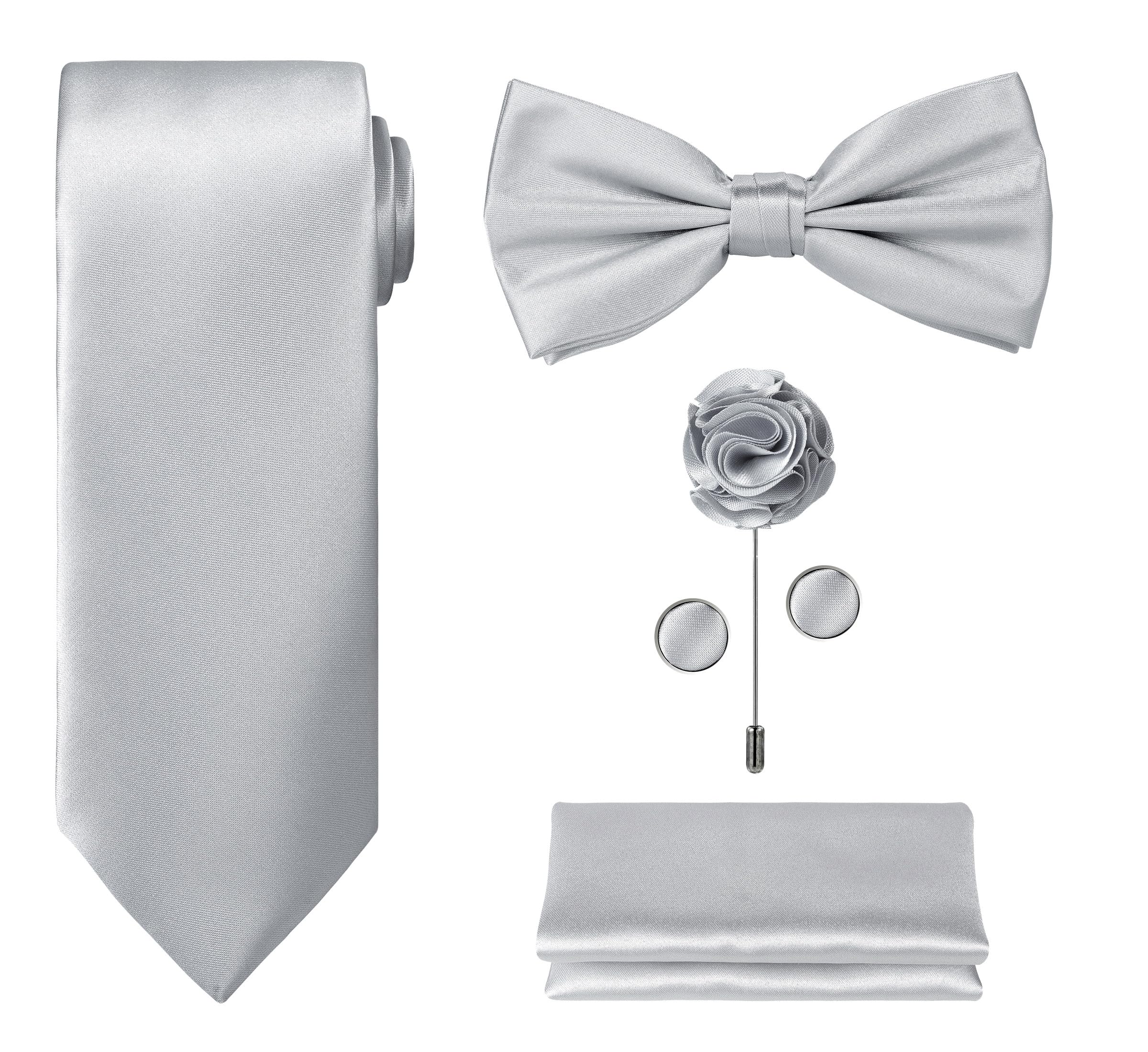 TIE G 5pcs Tie Set in WHITE OR BLACK GIFT BOX: Solid Color Necktie, Satin Bow Tie, Pocket Square, Lapel, Cuff Links
