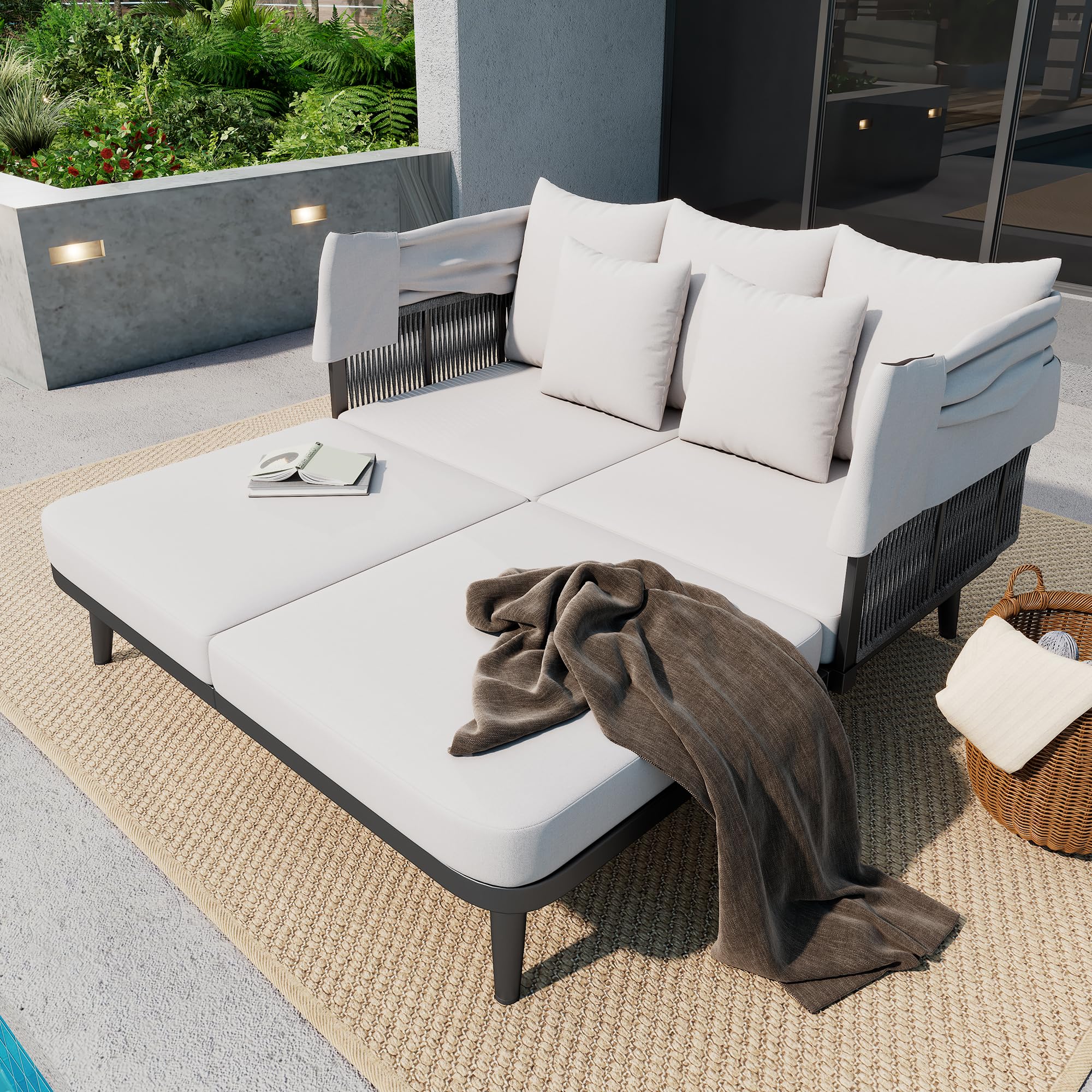 Gartenmöbel für 2 Personen, Gartensofa, Loungesofa, Einziehbare Markise, Gestell aus verzinktem Stahl, 10 cm Dicke Kissen, Handgewebtes Seil, Grau