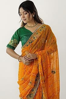 SIRIL Women's Georgette Bandhani Printed and Embroidery Saree with Unstitched Blouse Piece