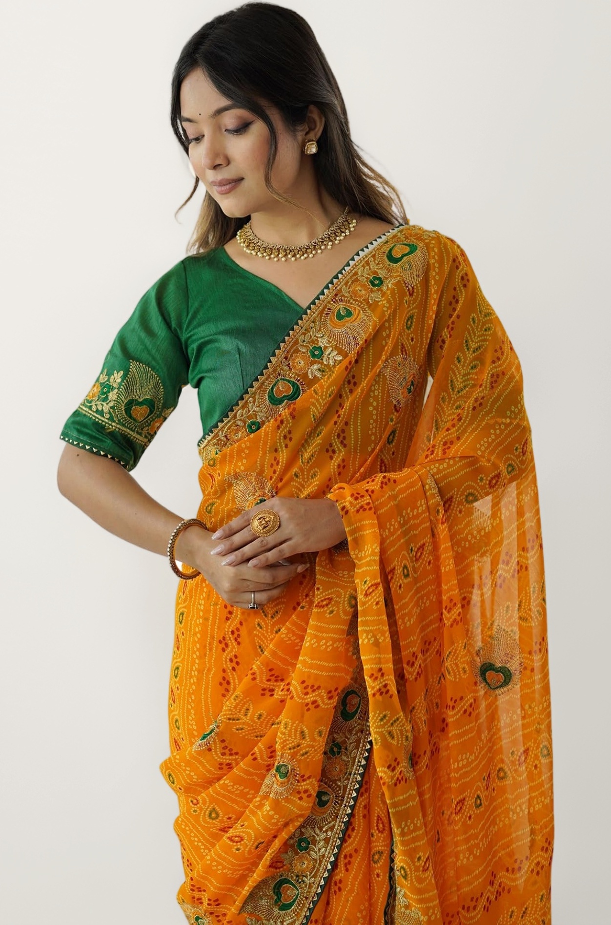 SIRIL Women's Georgette Bandhani Printed and Embroidery Saree with Unstitched Blouse Piece