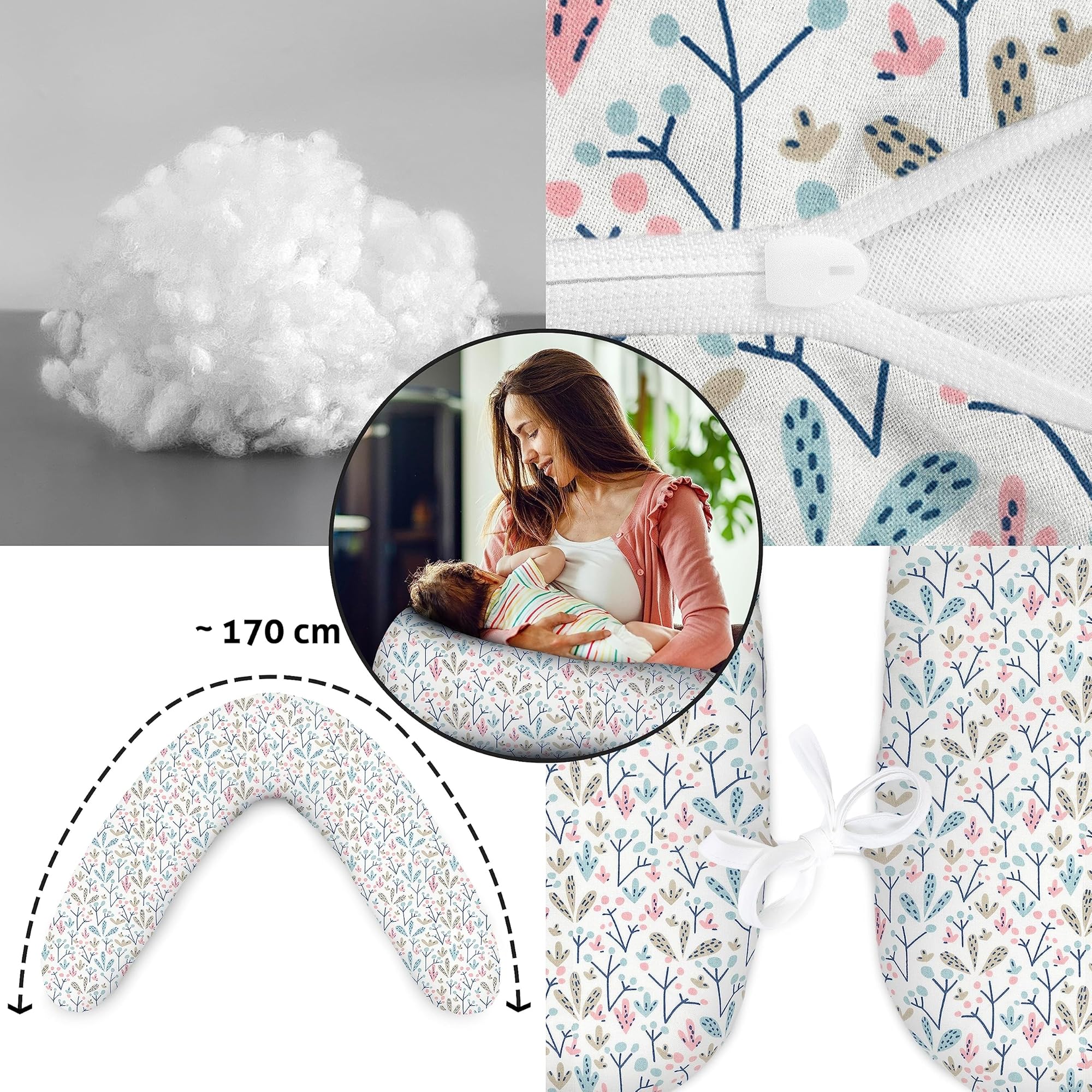 Coussin d'allaitement, de positionnement latéral, idéal pour la grossesse et les petits bébés, en coton, avec rembourrage et housse, 170 cm, au motif de boule de neige