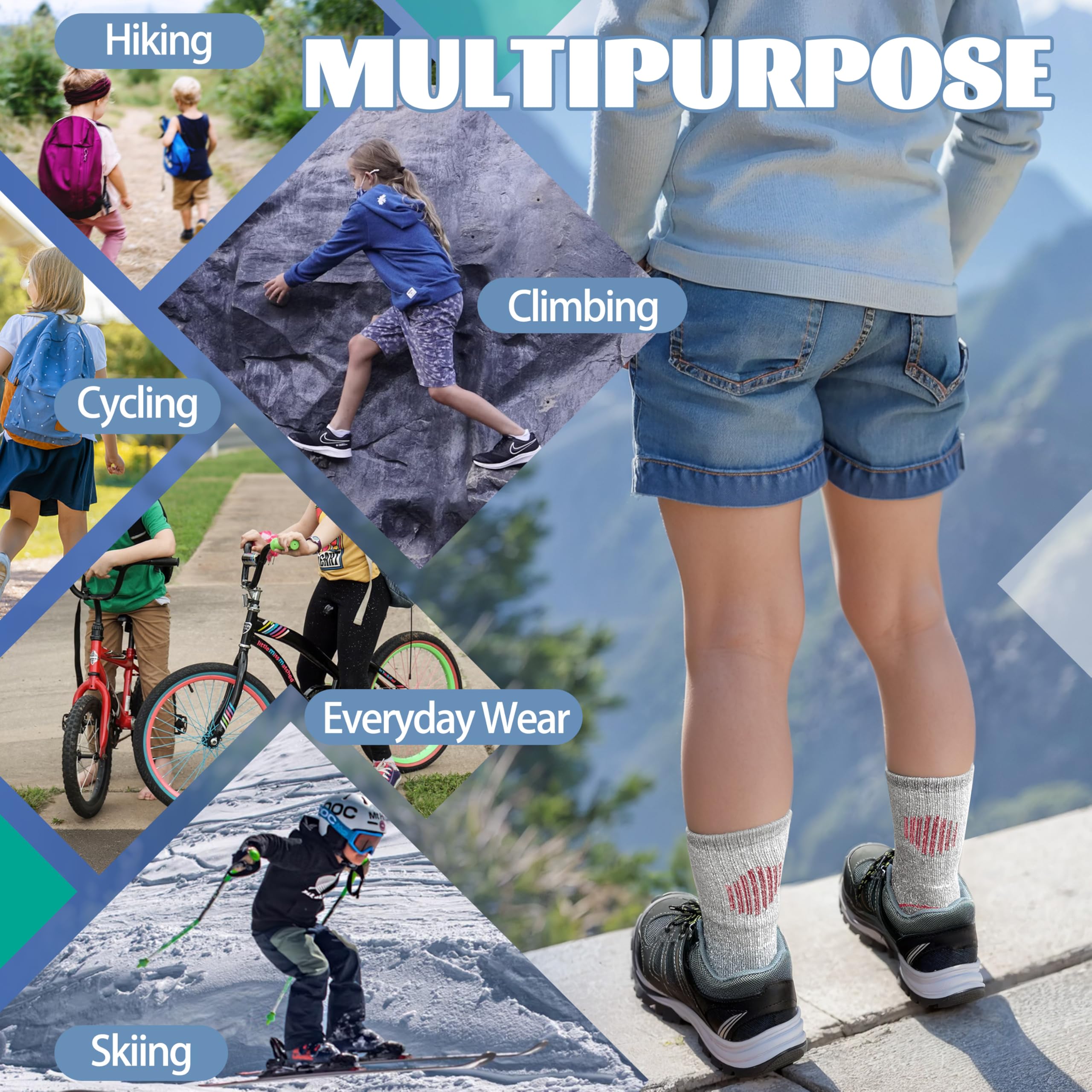 MOSEY KOSY 4 Paar Kinder Merino Wolle Wander Socken Jungen Mädchen Kleinkinder Thermo Winter Warme Stiefel Dicke Polster Snowboard Socken