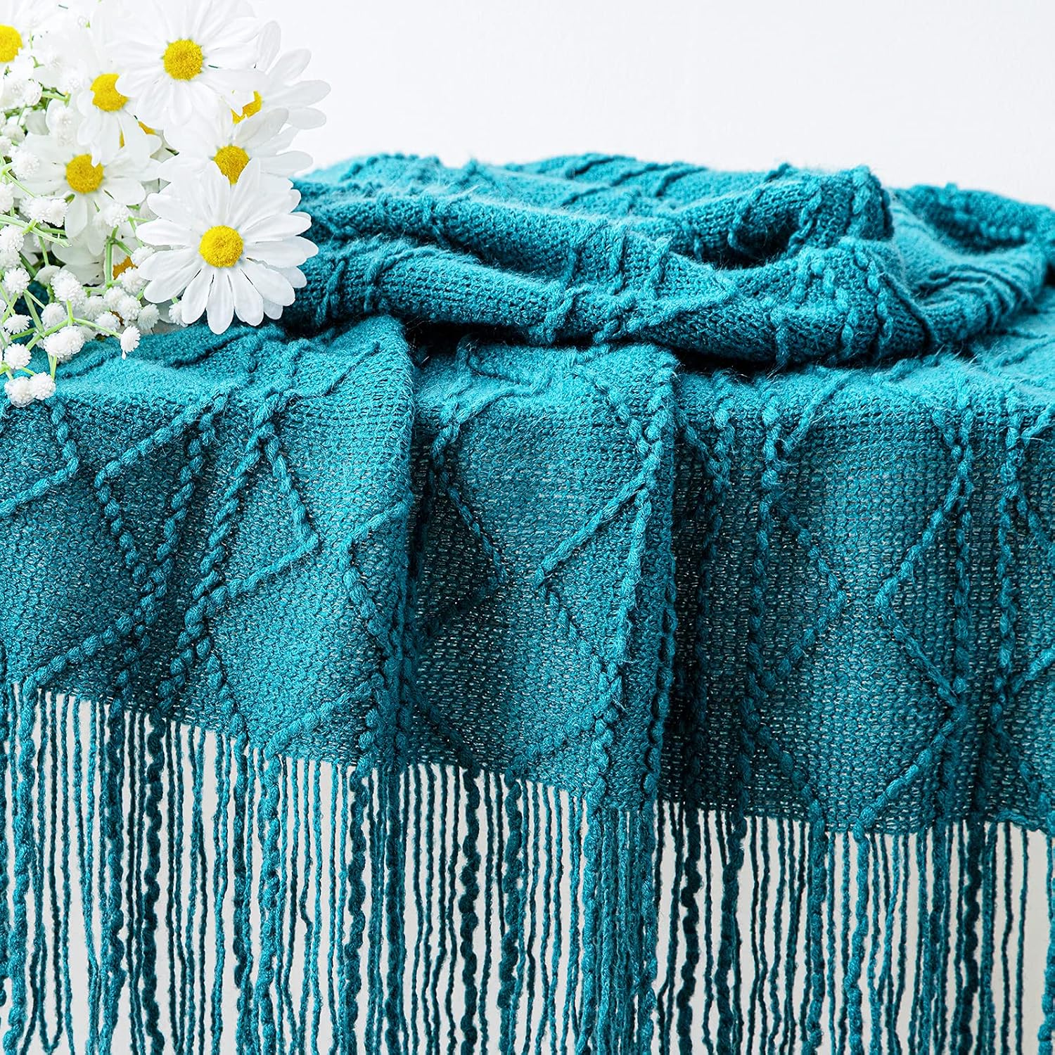 Lucian Knitted Throw Blankets Teal, Decorative Textured Cozy Throw, Lightweight Woven Blanket with Tassels for Couch, Bed, Sofa,Travel 50"*60",Suitable for Women Men and Kids