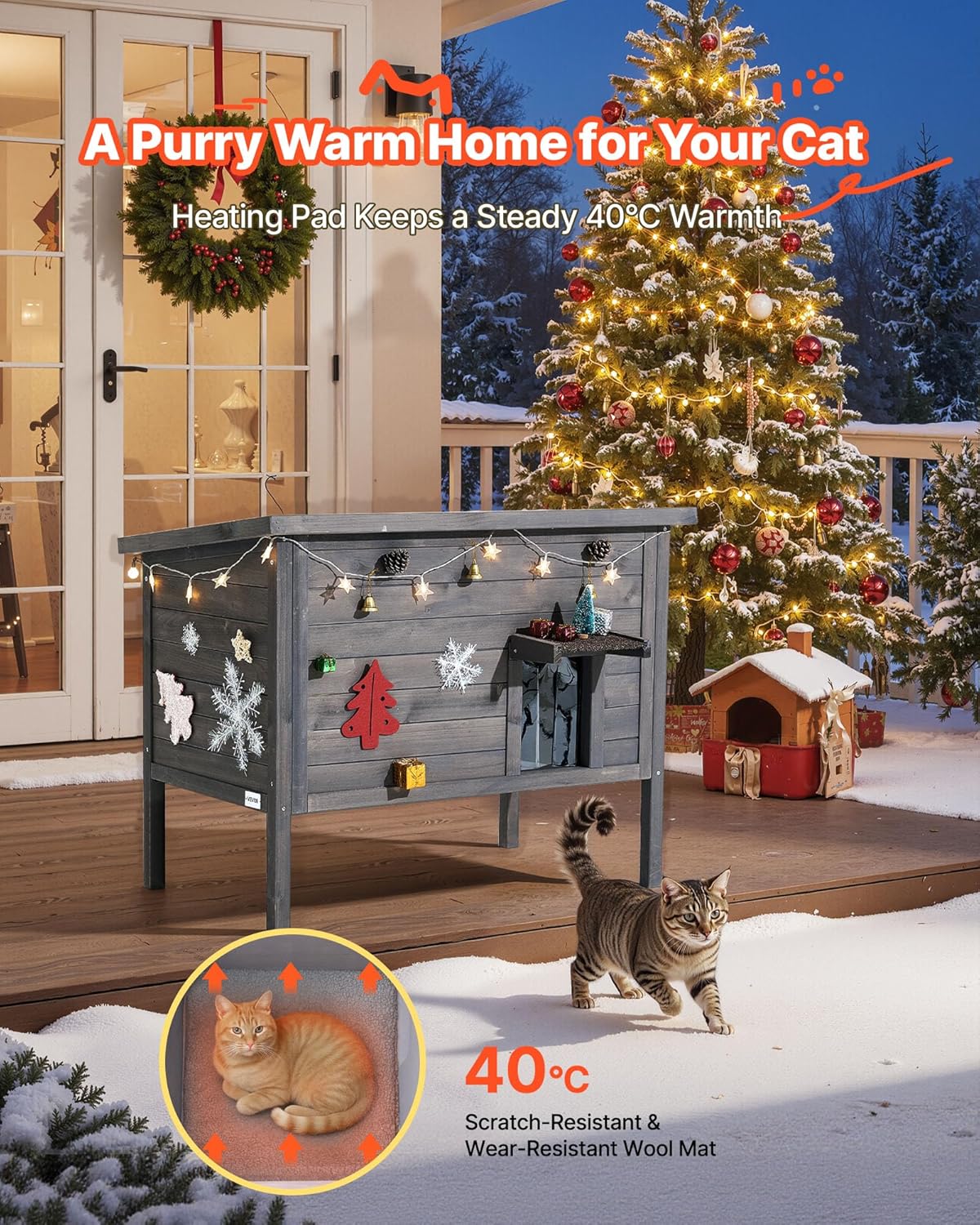 VEVOR Heated Outdoor Cat House, Insulated Wooden Cat House for Cats, Waterproof Feral Kitty Shelter with Heating Pad, PVC Flap Door & Openable Asphalt Roof for 1-3 Cats in Winter, 34 x 21 x 27 in
