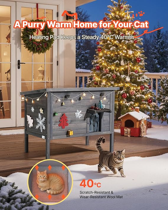 VEVOR Heated Outdoor Cat House, Insulated Wooden Cat House for Cats, Waterproof Feral Kitty Shelter with Heating Pad, PVC Flap Door & Openable Asphalt Roof for 1-3 Cats in Winter, 34 x 21 x 27 in