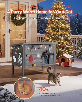 VEVOR Heated Outdoor Cat House, Insulated Wooden Cat House for Cats, Waterproof Feral Kitty Shelter with Heating Pad, PVC Flap Door & Openable Asphalt Roof for 1-3 Cats in Winter, 34 x 21 x 27 in