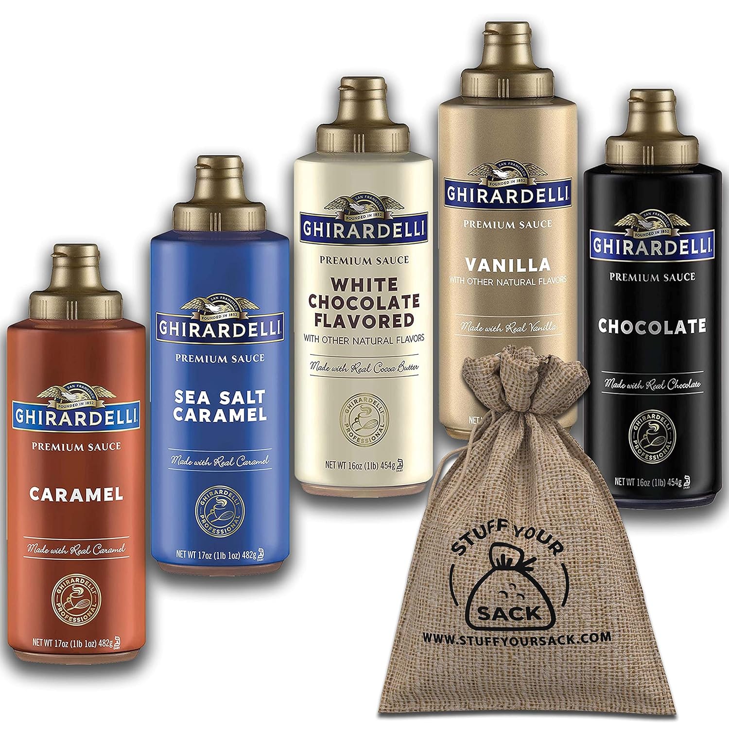 Ghirardelli Sauce 5 Flavor Variety Pack & Burlap Gift Sack | 16OZ Black Label Chocolate, Caramel, Sea Salt Caramel, Vanilla & White Chocolate | Ice ...