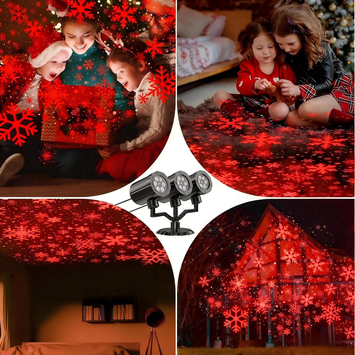 Christmas Projector Lights Outdoor, GUSODOR Dynamic Snowflake Projector for Indoor Outdoor Christmas, Yard Decor,Yard Decor -Three-Head A (Vermilion)