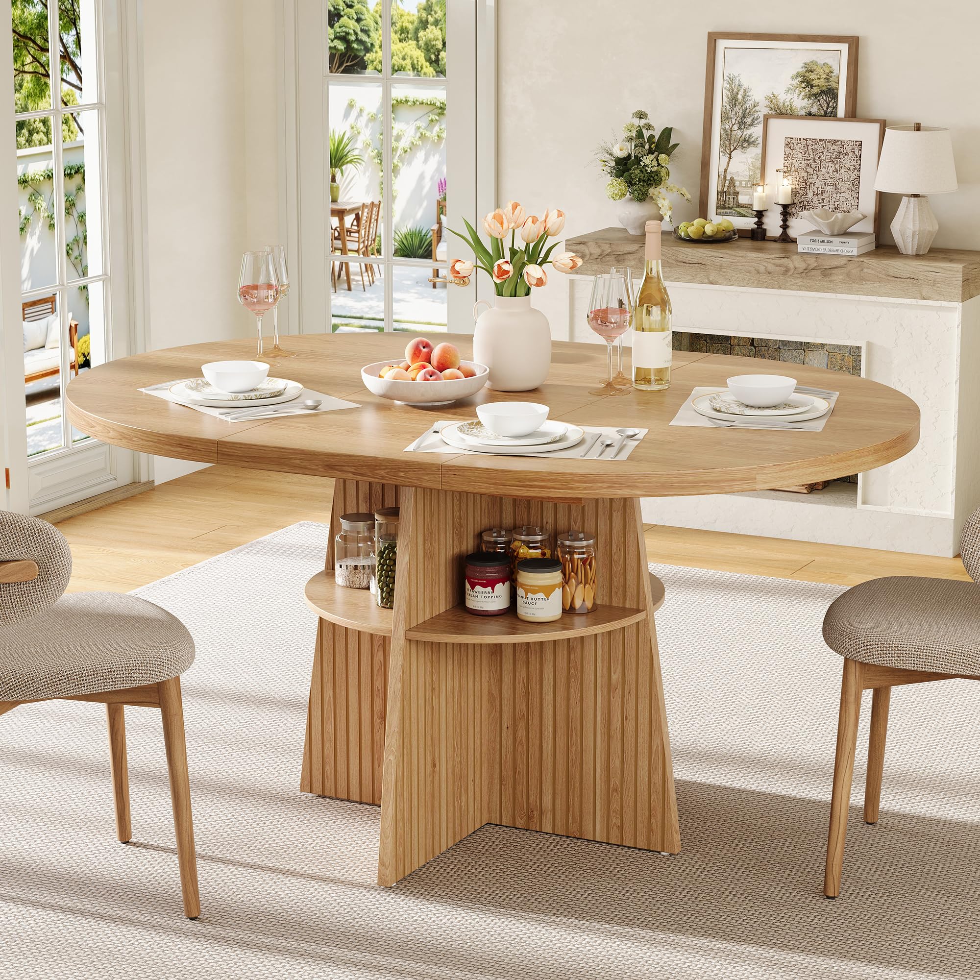 Mesa de comedor redonda extensible, 110-150 x 110 x 77,5 cm, ahorra espacio, para 2-8 personas, con tablero extensible y estante integrado, mesa moderna de madera en aspecto natural, natural