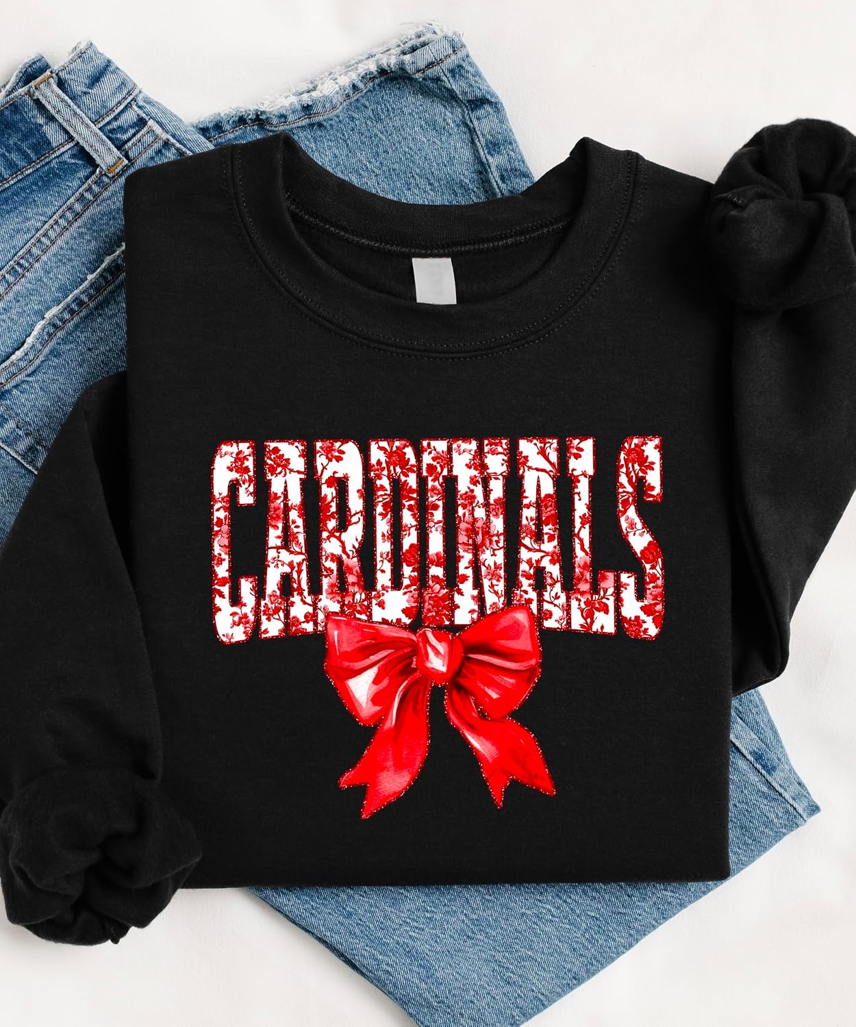 Olive Loves Apple Floral Cardinals Team Sweatshirt for Women, Teens & Kids Red Coquette Bow Sports Team Sweater