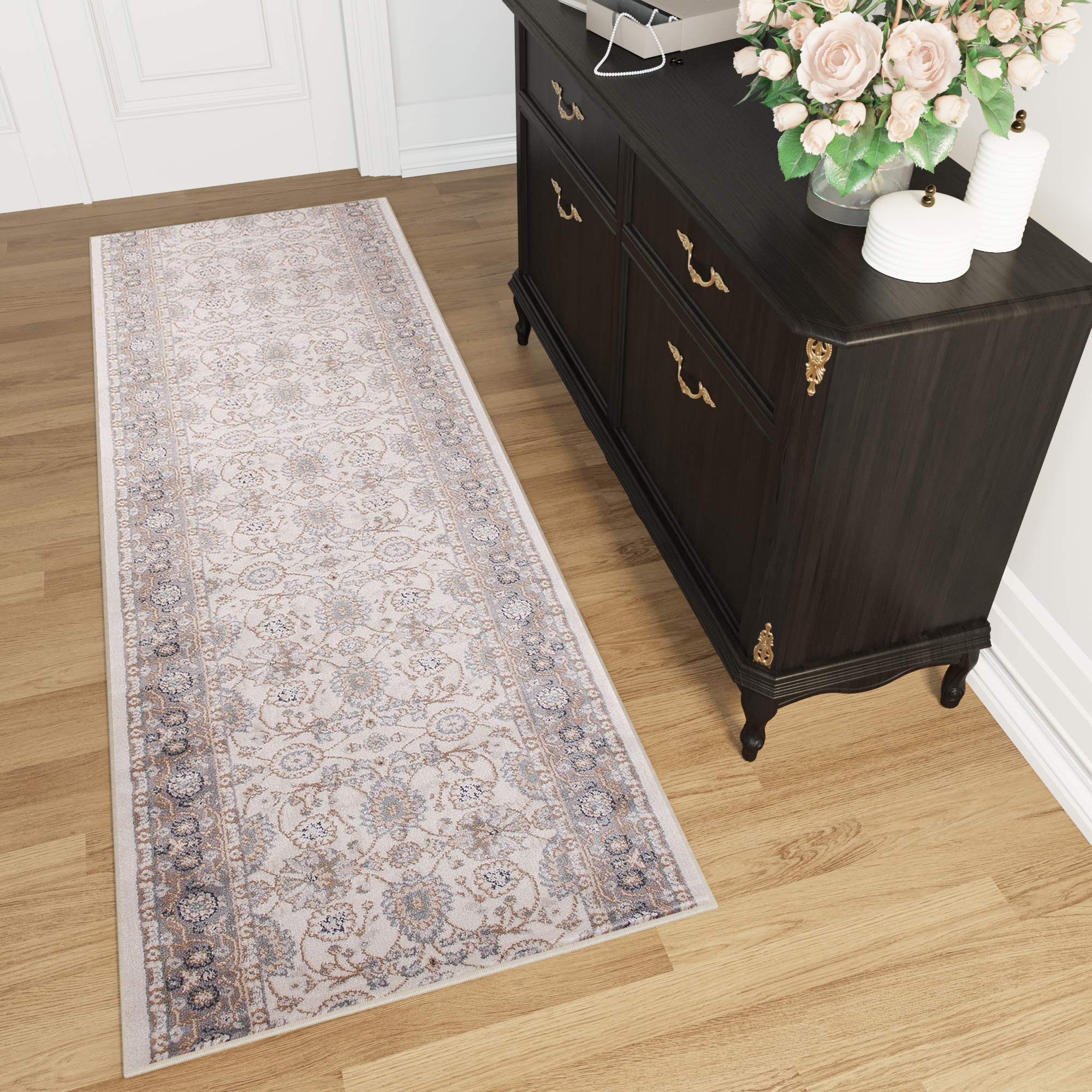 Tapis de couloir long motif traditionnel floral crème marron gris TAPISO 70x330cm