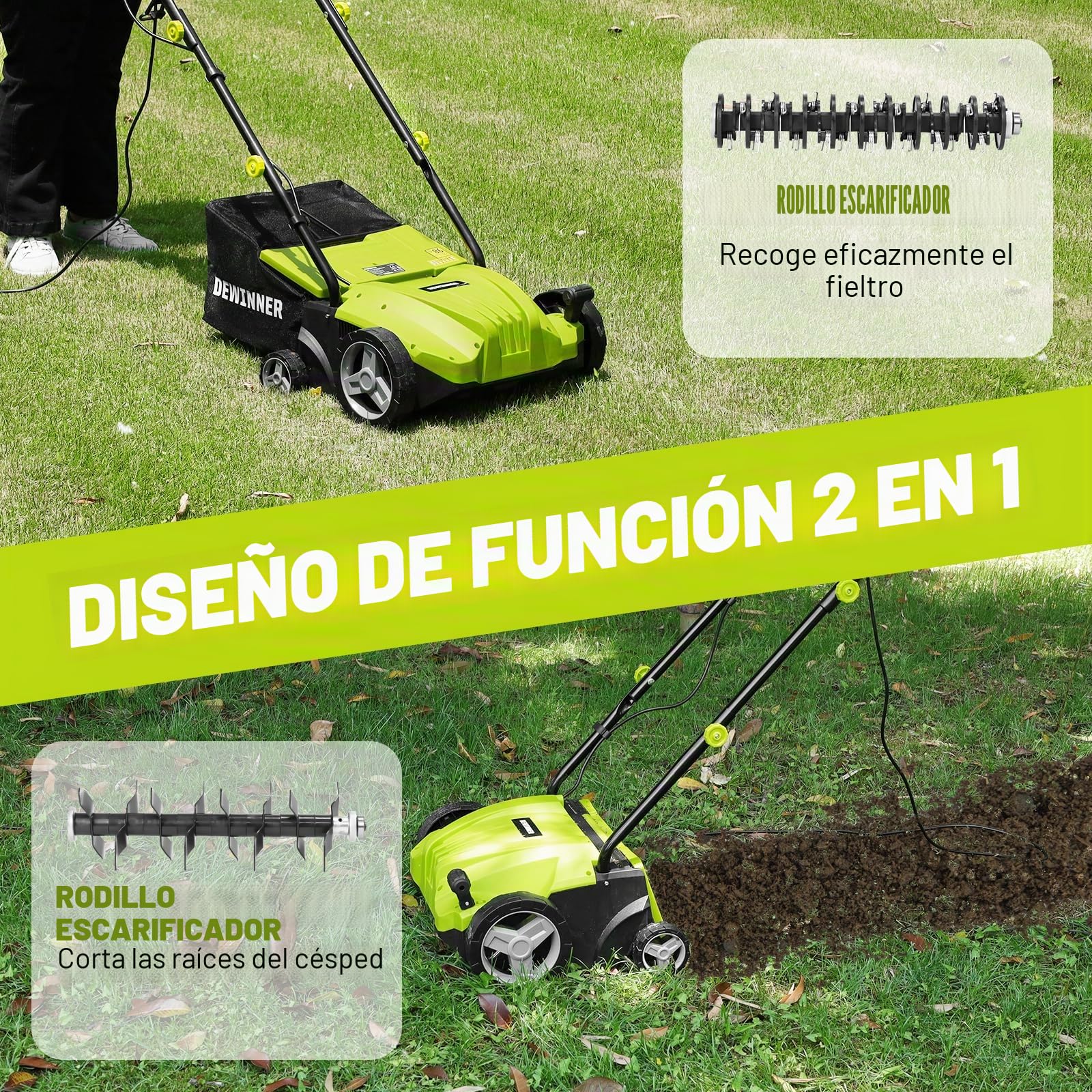 DEWINNER Escarificador eléctrico 2 en 1, aireador de césped 1500W, 32 cm de Ancho de Trabajo, Cesta de Recogida de 30 l, Ajustable en 4 Niveles de -12 Biz + 4 mm
