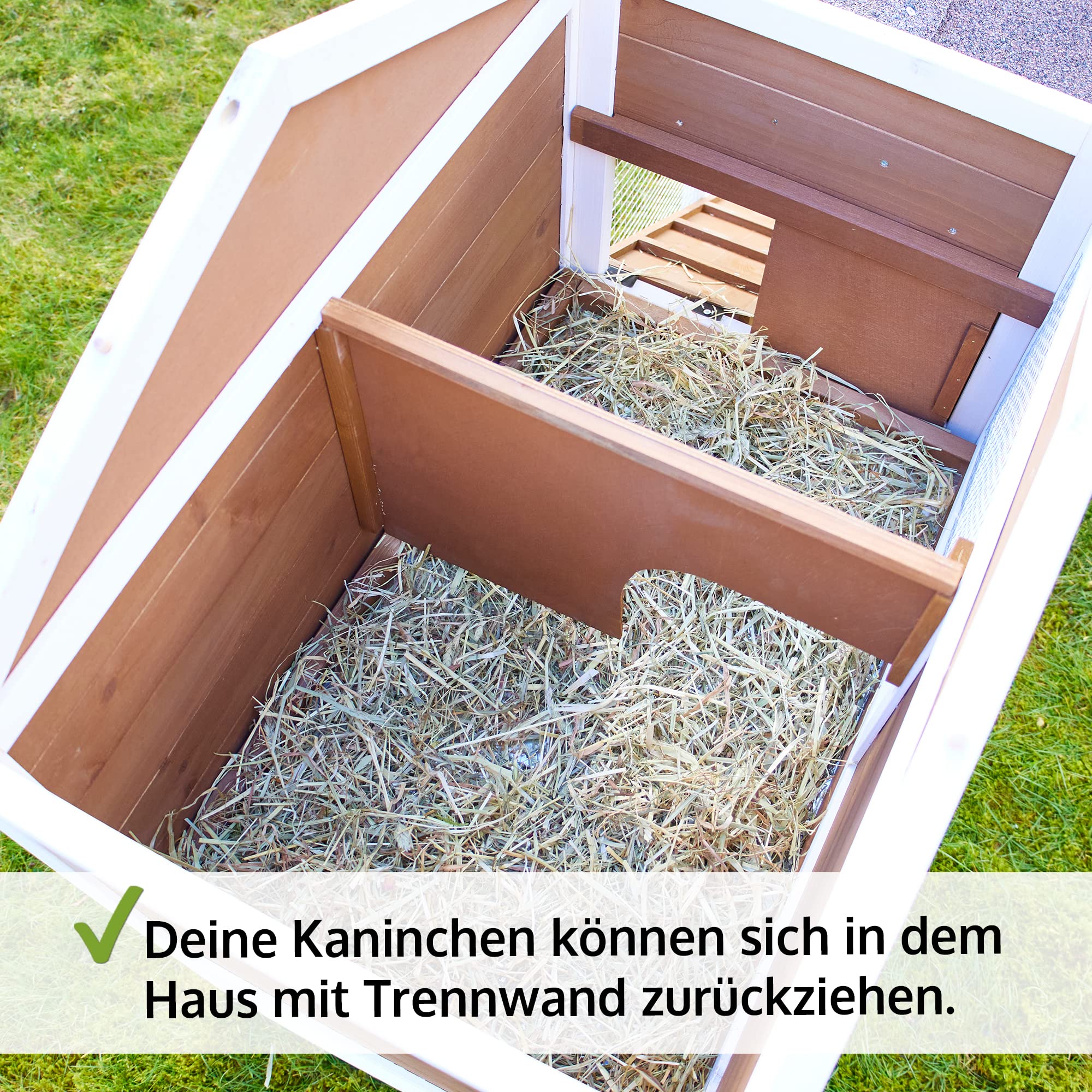 zooprinz Hasenstall mit Kotschublade – Vollholz braun-weiß | Kaninchenstall aus massivem Holz für draußen – Kleintierstall einfach zu reinigen, in natürlicher Farbe gestrichen
