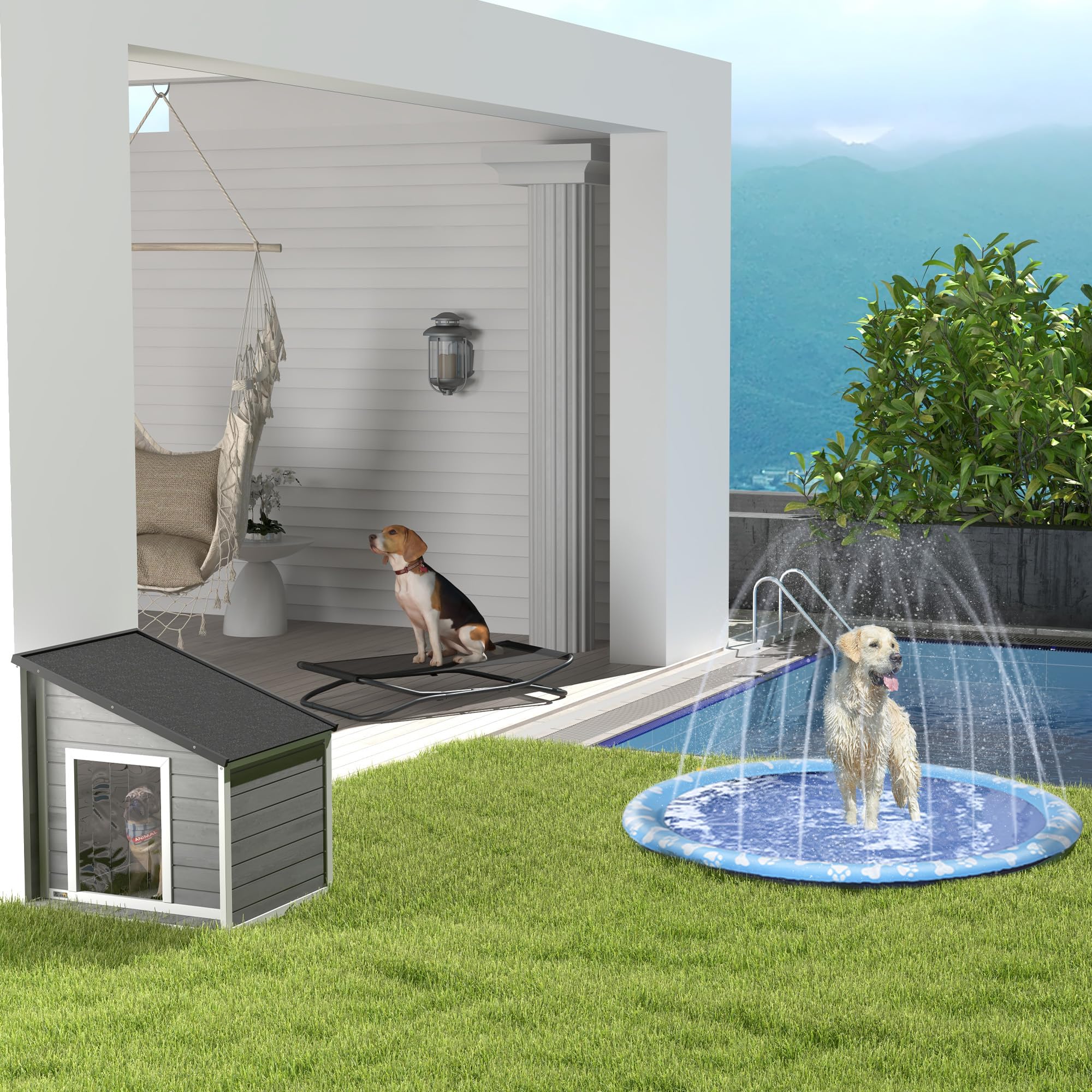 PawHut Hundehütte Outdoor aus Holz, Hundehaus mit zu öffnendem Asphaltdach und Türvorhang, Wetterbeständig Kleintierhaus für kleine Hunde, draußen, Grau, 71 x 58 x 53/77 cm