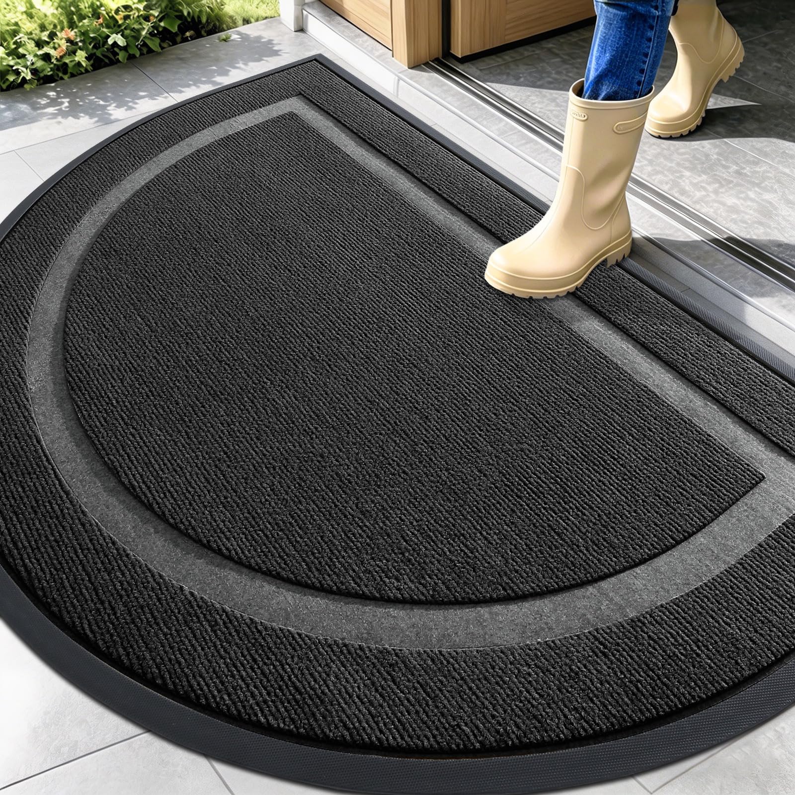 OLANLY Half Circle Front Door Mat Outside 47x32 All-Season Rubber Doormat | Black, Absorbent, Heavy-Duty, Stain and Fade Resistant, Waterproof Non-Slip Backing, Low-Profile Indoor Outdoor Entryway Mat