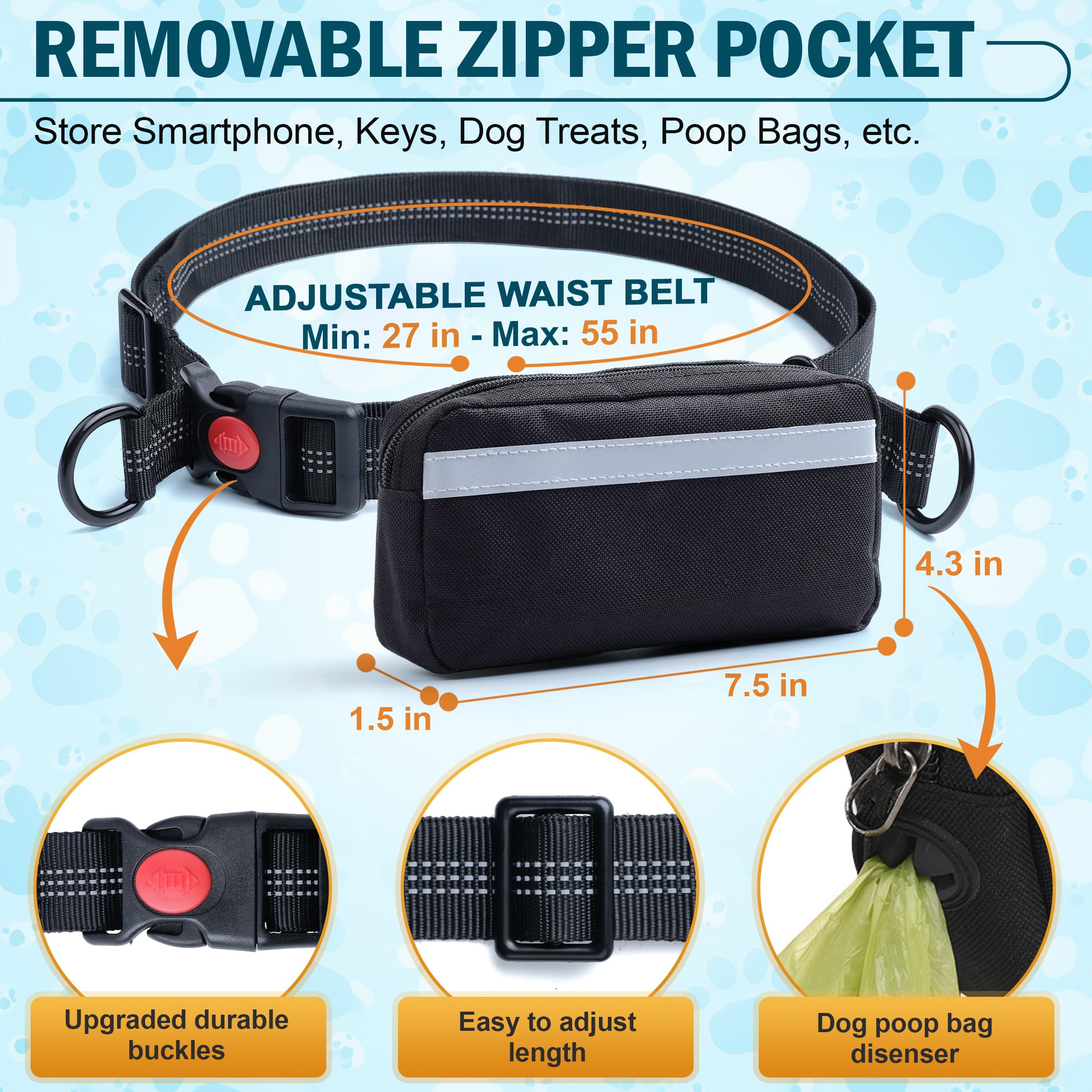 Hands Free Dog Leash with Waist Belt – No-Pull Bungee, Dual Padded Handles & Zipper Pouch for Running, Walking & Training – Adjustable Waist Leash for Large & Medium Dogs - image 5