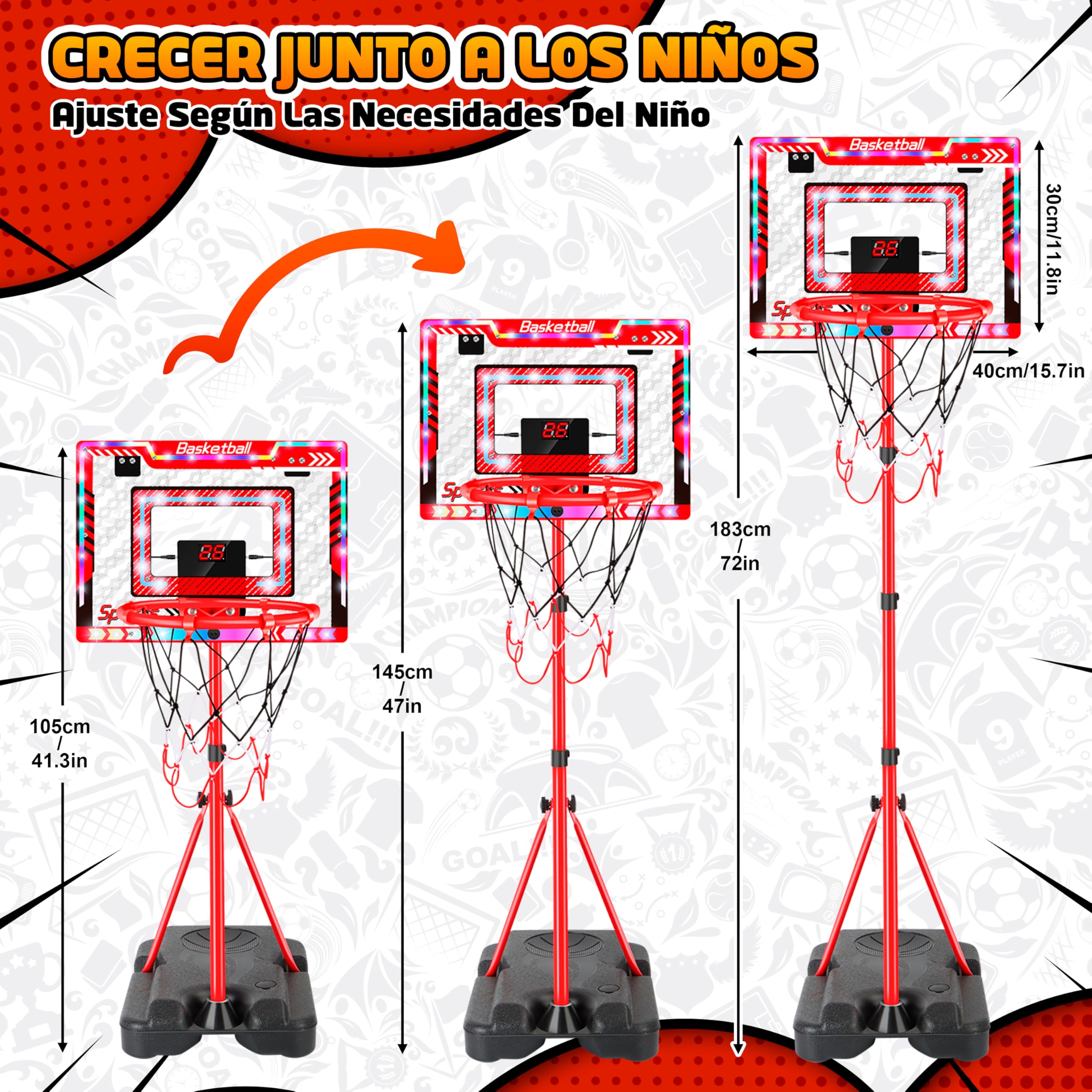 Charmofun Canasta de Baloncesto LED para Niños, Altura Ajustable 105-183 cm, Tablero de Basket Interior Exterior Juego con 6 Balón, Portátil con Base Ponderada, Regalos Juguetes para Niños 8+ Años