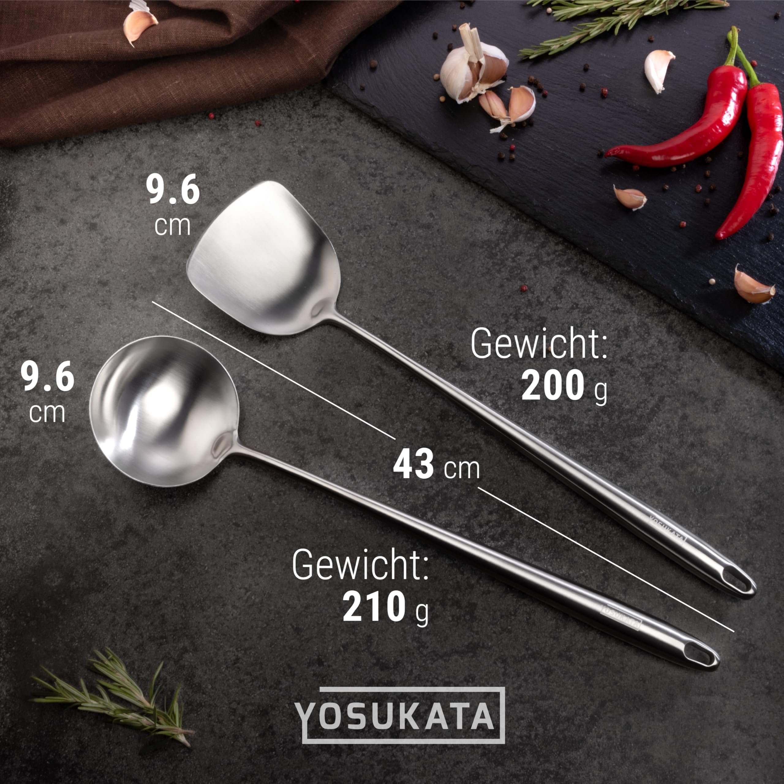 YOSUKATA Voorbehandelde Wok Spatel en Pollepel 43 cm en 3 Paar Koken Eetstokjes - Gebruiksvoorwerpen Set - Blauw Koolstofstaal Slijtvast Wokspatel en Pollepel - Keukenhulp Kookgereedschap Toolset