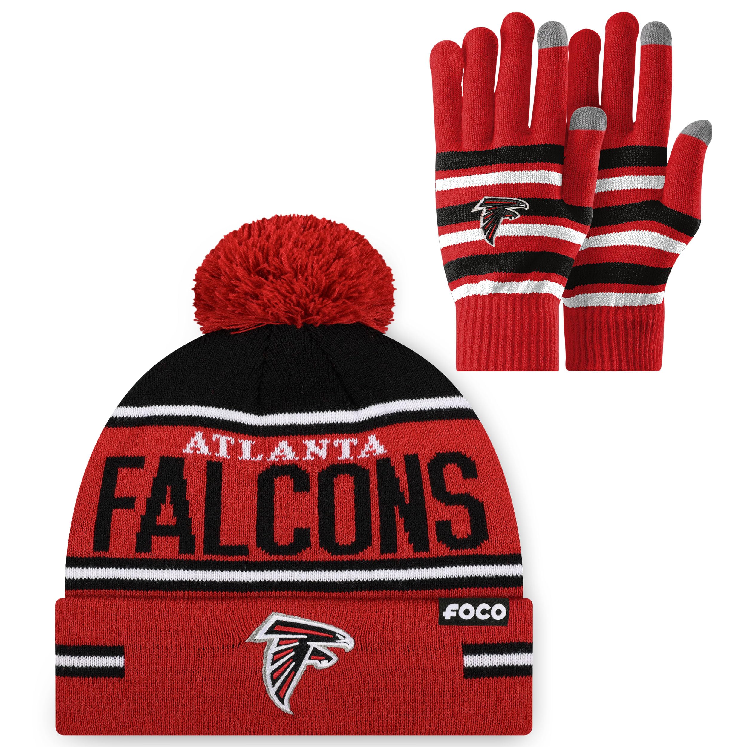 FOCO NFL unisex-adult Nfl Team Logo Adult Stretch Gloves With Big Wordmark Strip Pom Knit Hat Beanie Set