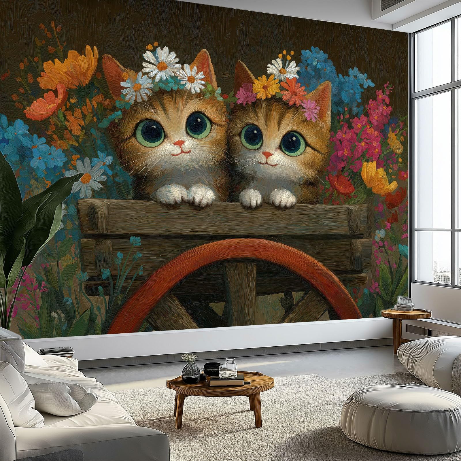 Générique Panoramiczna tapeta z kreskówkowym kotem ogrodzenie ogrodowe 3D 300 x 210 cm, włóknina XXL nowoczesna dekoracja ścienna salon sypialnia biuro pokój dziecięcy, brązowy