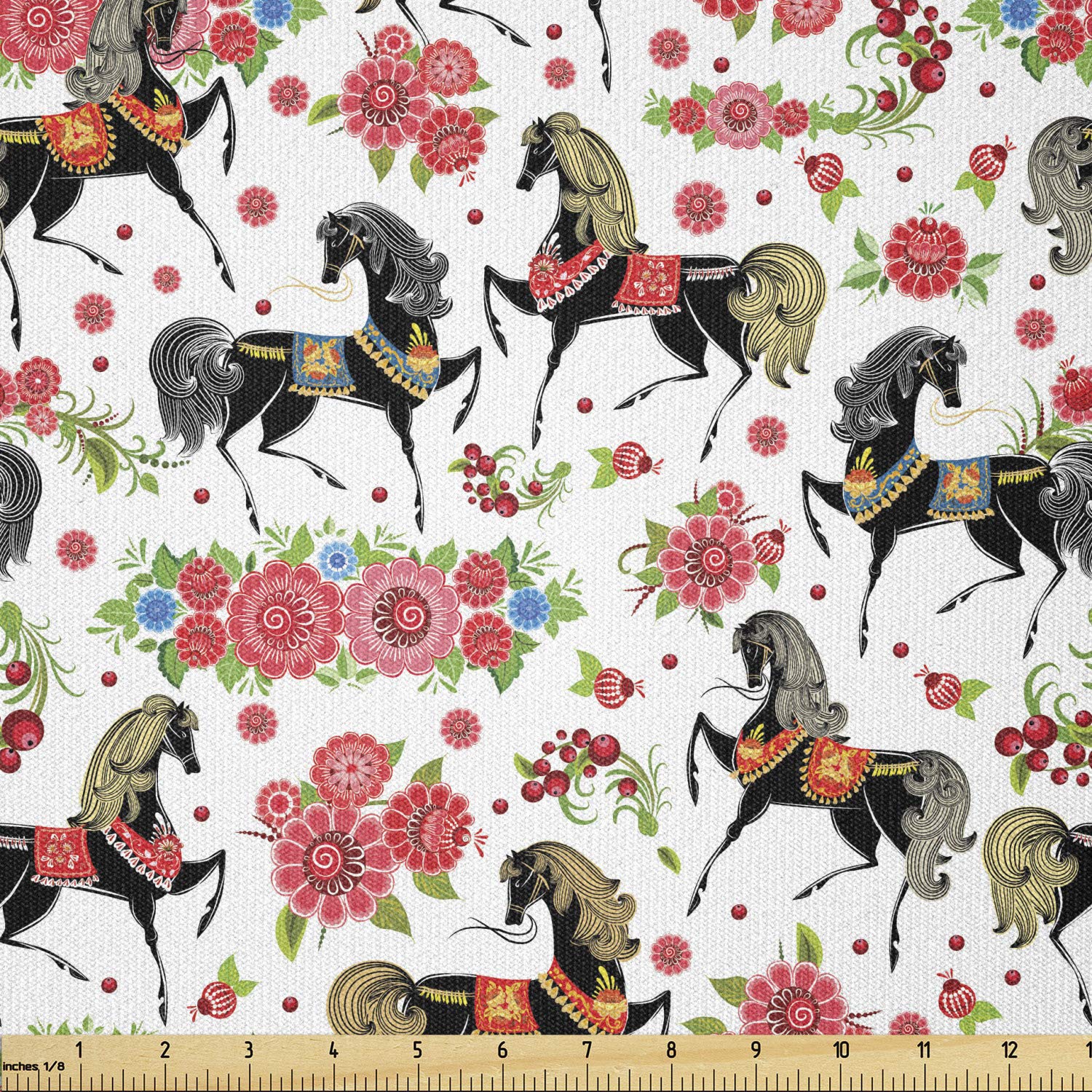 Ambesonne Horses Fabric by The Yard, Abstract Floral Arrangement and Dapple Stallions Vintage Animal Silhouettes, Stretch Knit Fabric for Clothing Sewing and Arts Crafts, 3 Yards, Coral Black