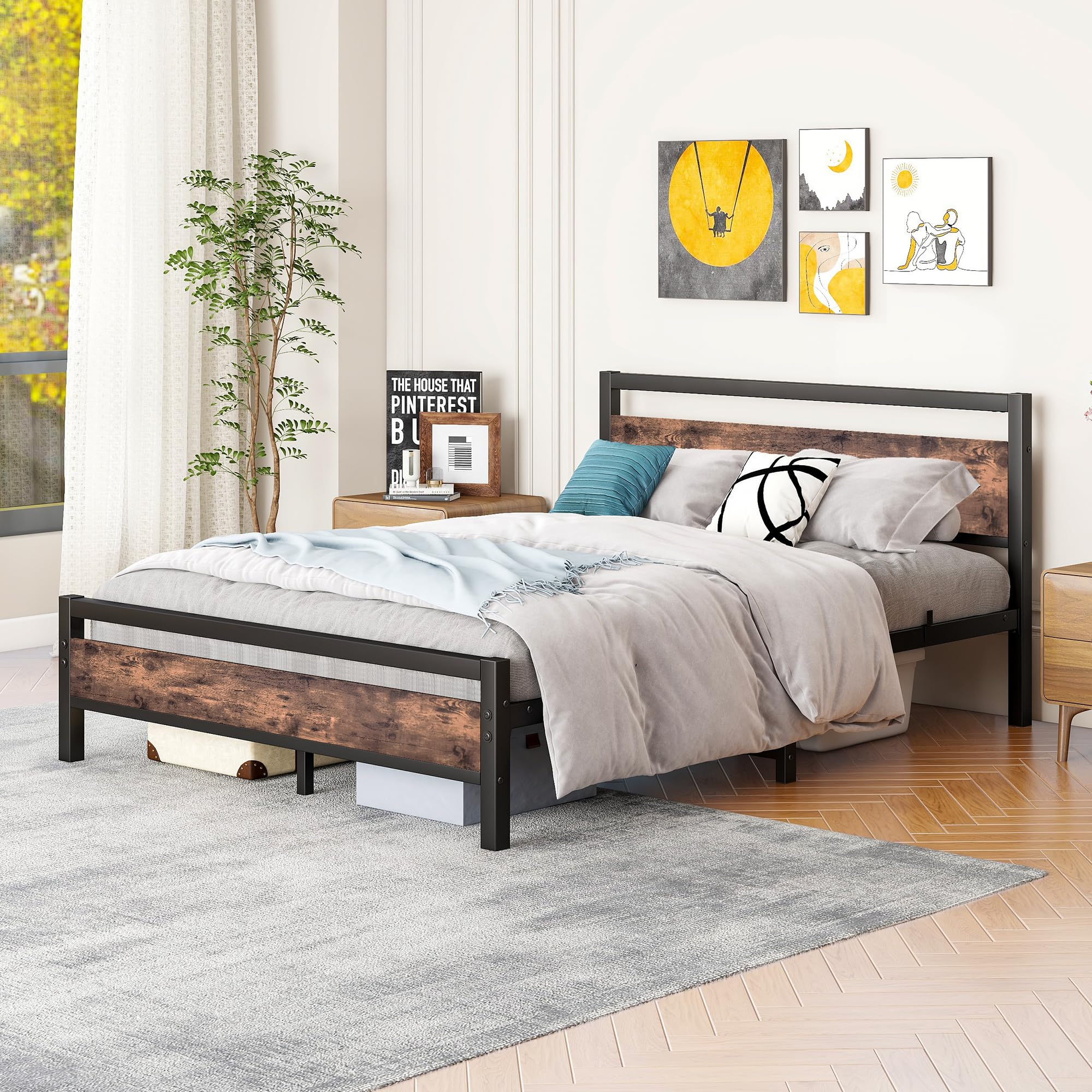 Telaio letto 160 x 200 cm, in metallo e legno, letto in metallo con rete a doghe, letto per ragazzi e ragazzi, 160 x 200 cm, con testiera, in metallo marrone e nero